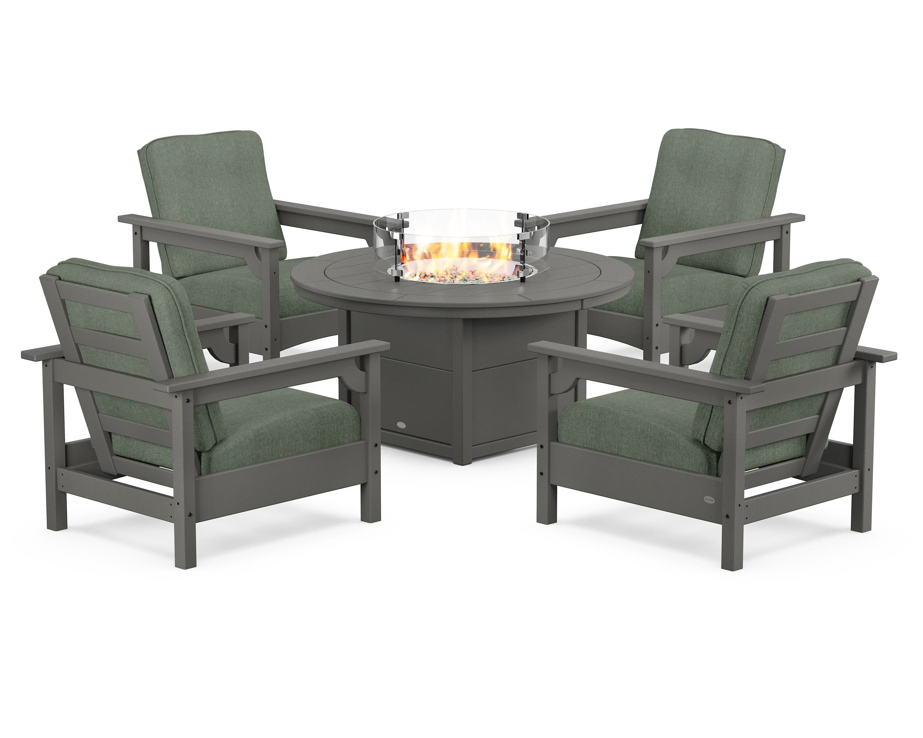 POLYWOOD Club 5-Piece Conversation Set with Fire Pit Table in Slate Grey / Cast Sage