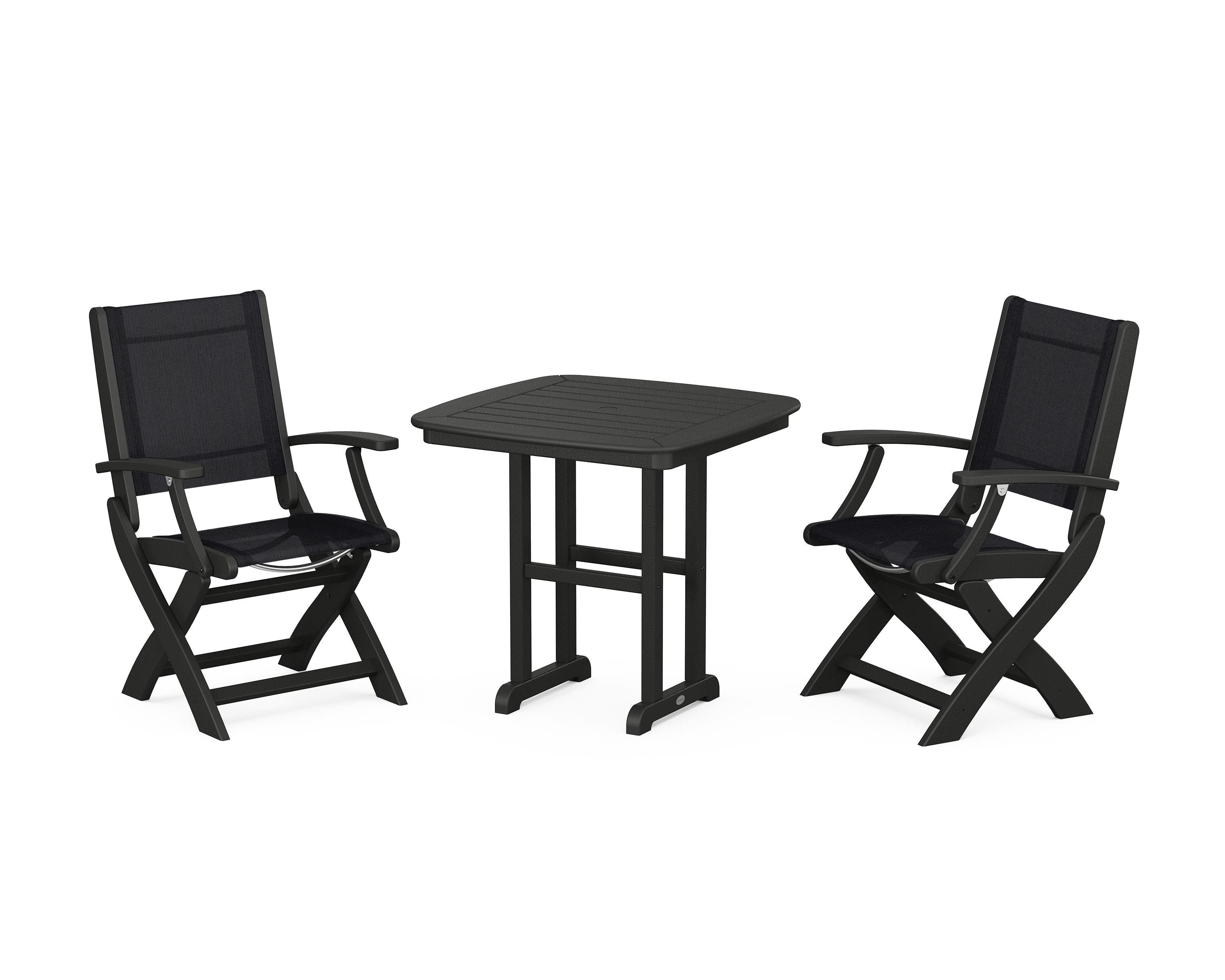 POLYWOOD Coastal Folding Chair 3-Piece Dining Set in Black / Black Sling