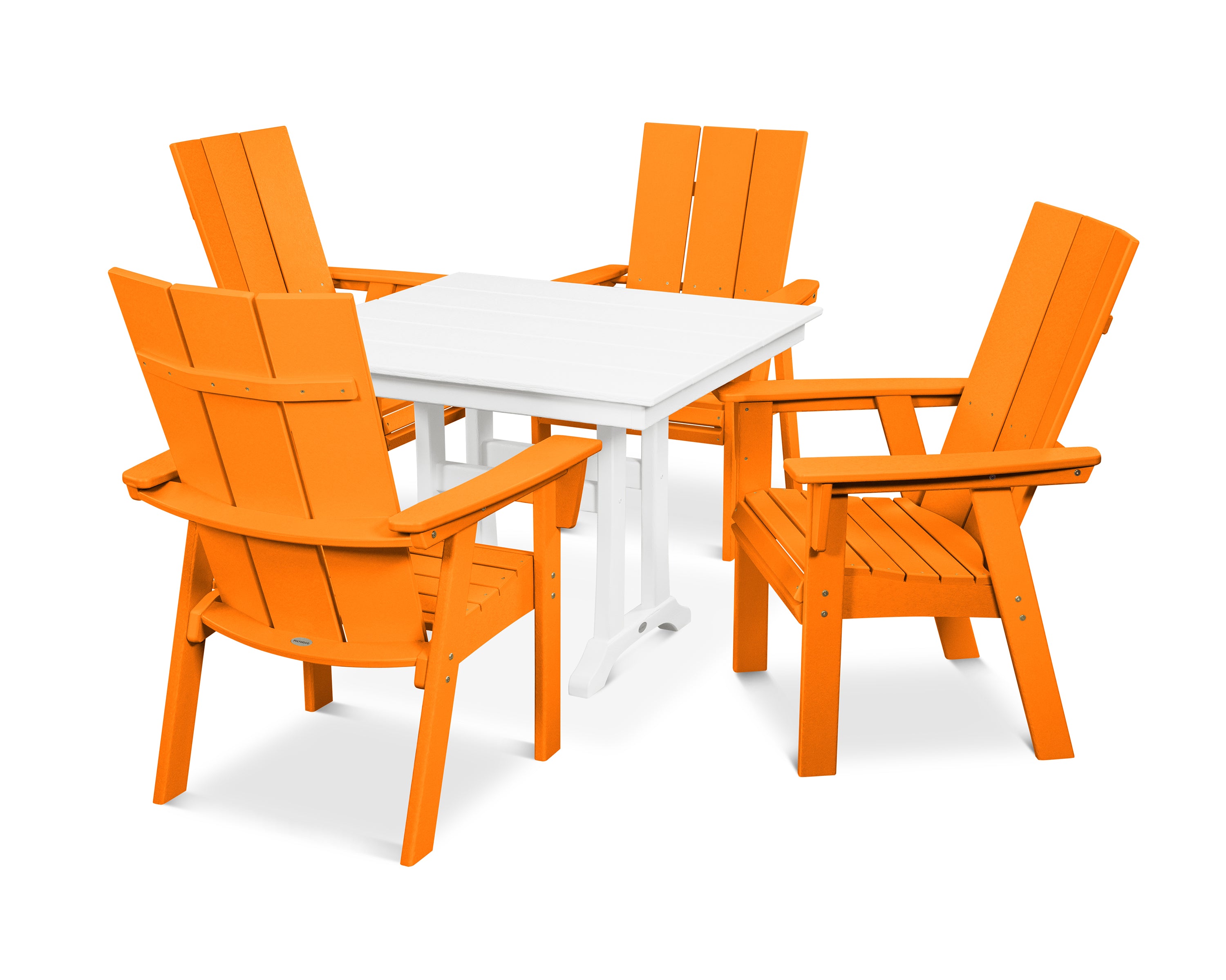 POLYWOOD® Modern Curveback Adirondack 5-Piece Farmhouse Trestle Dining Set in Tangerine / White