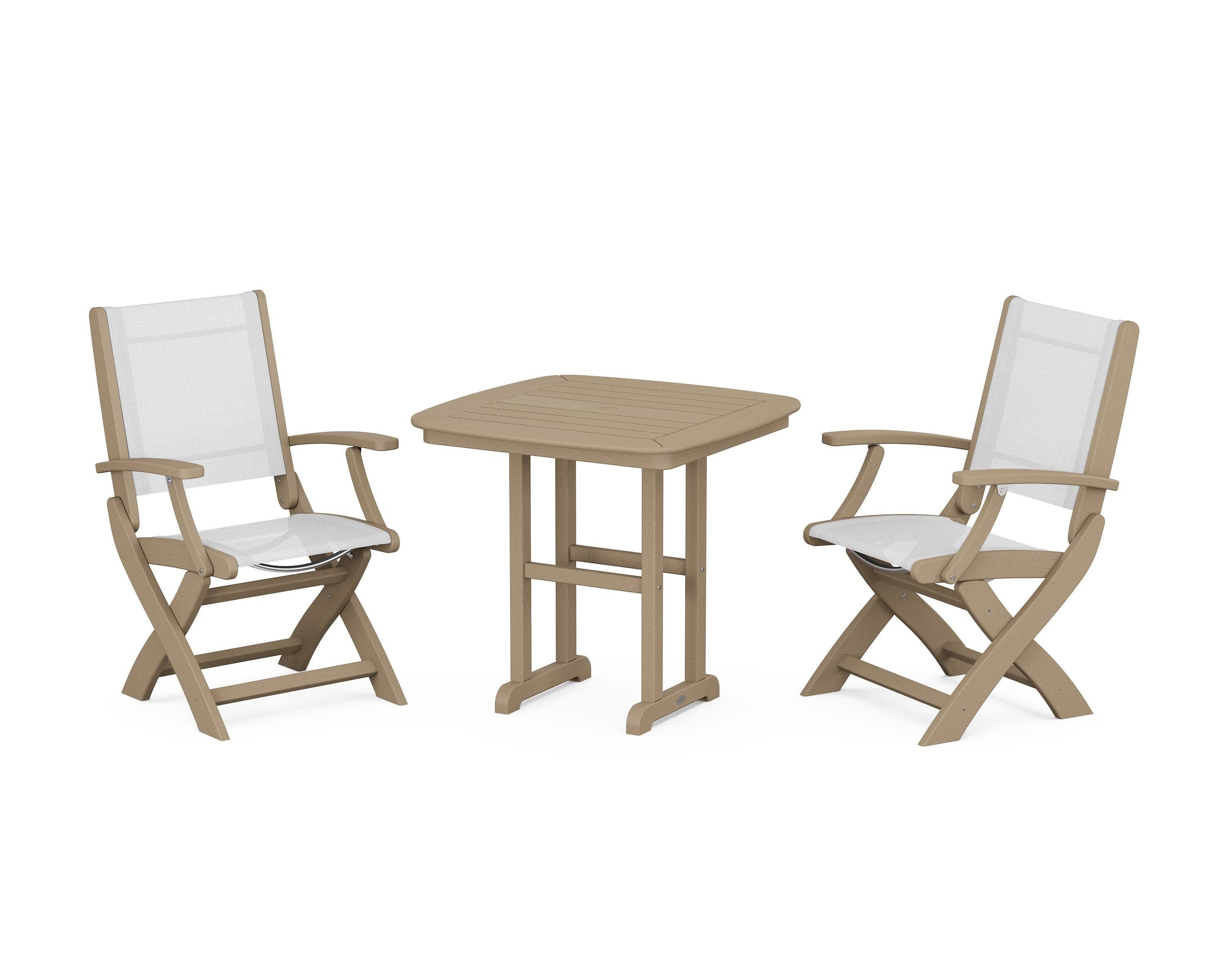 POLYWOOD Coastal Folding Chair 3-Piece Dining Set in Vintage Sahara / White Sling