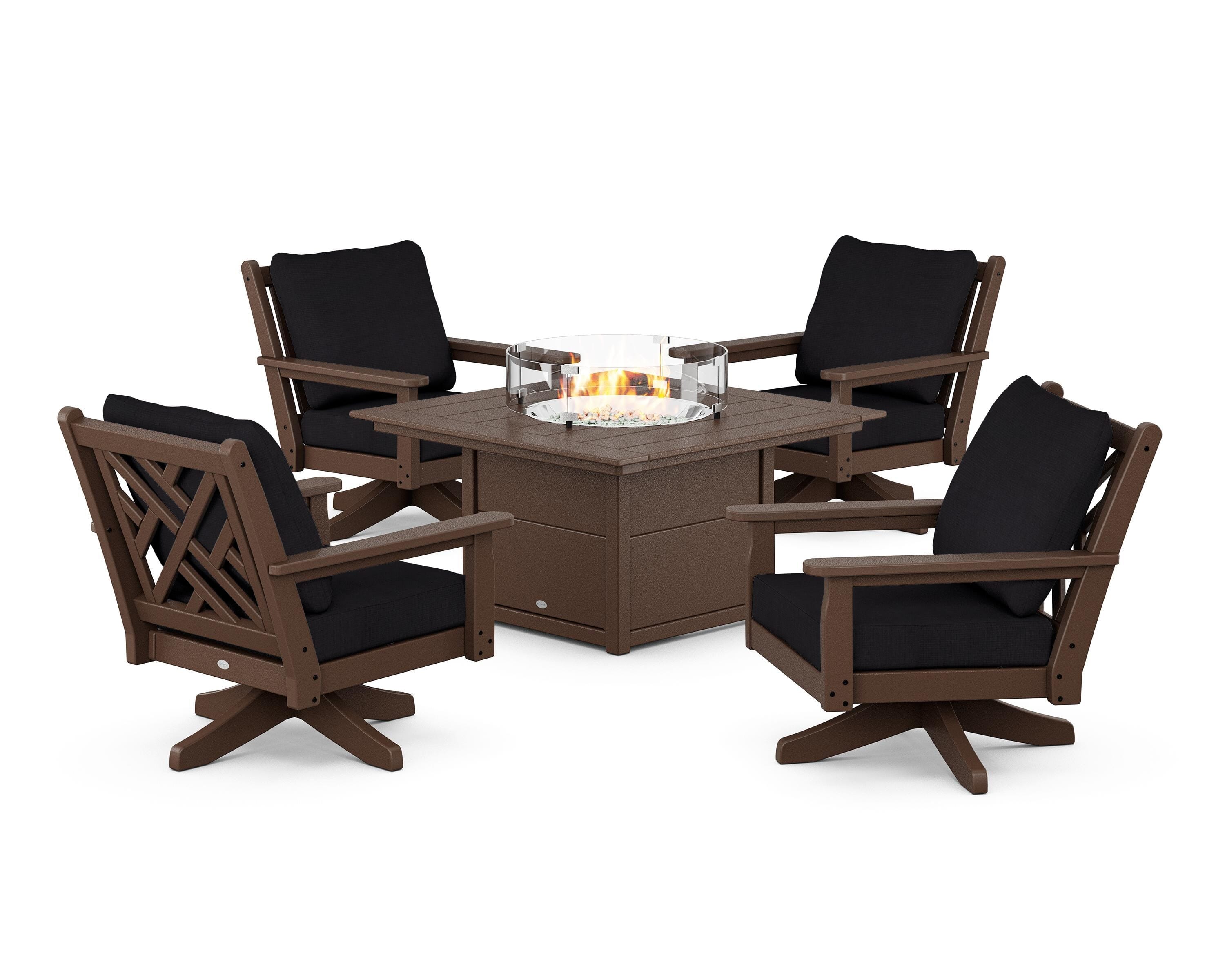 POLYWOOD Chippendale 5-Piece Deep Seating Swivel Conversation Set with Fire Pit Table in Mahogany / Midnight Linen