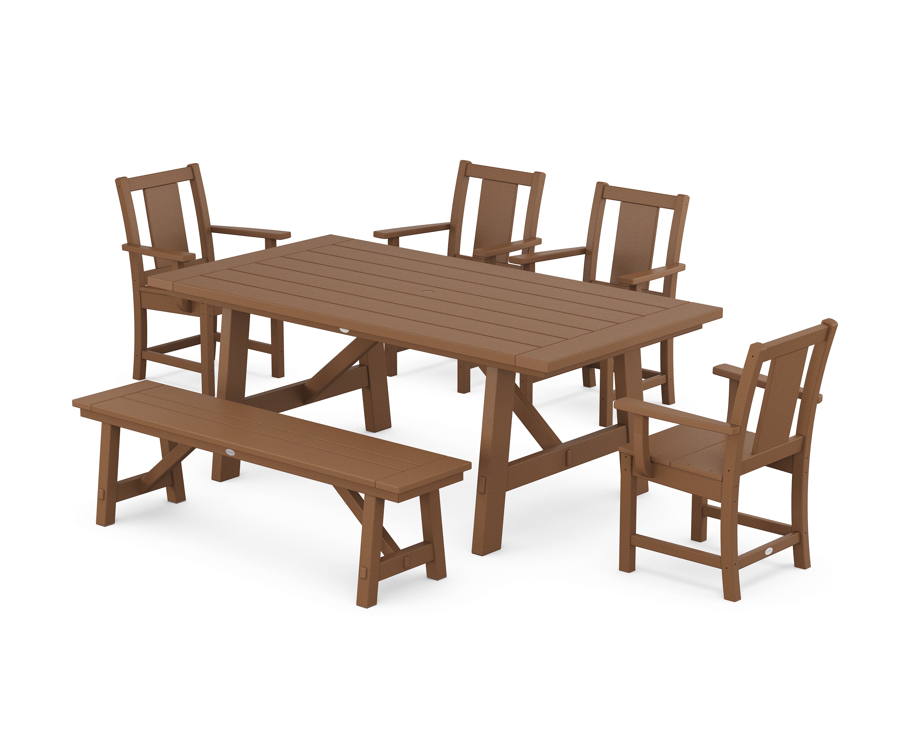 POLYWOOD Prairie 6-Piece Rustic Farmhouse Dining Set with Bench in Teak