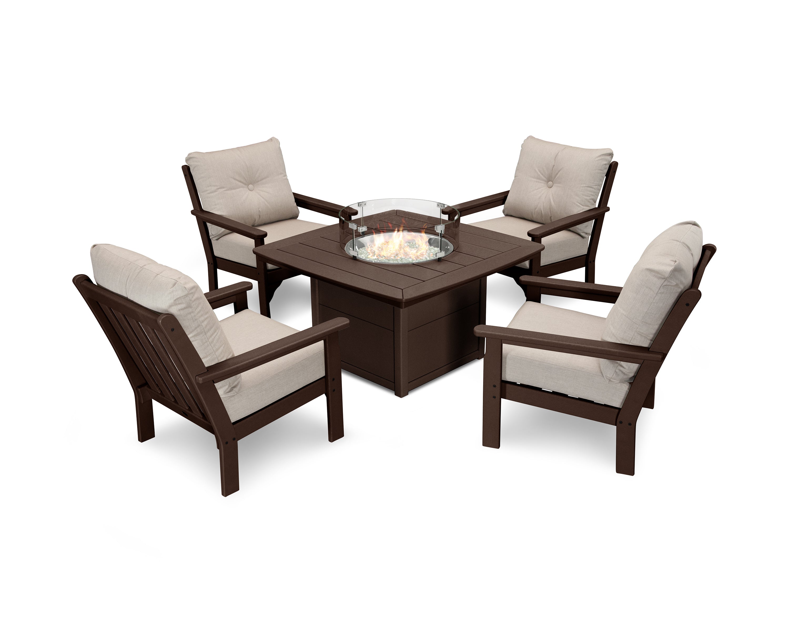POLYWOOD Vineyard 5-Piece Conversation Set with Fire Pit Table in Mahogany / Cast Ash