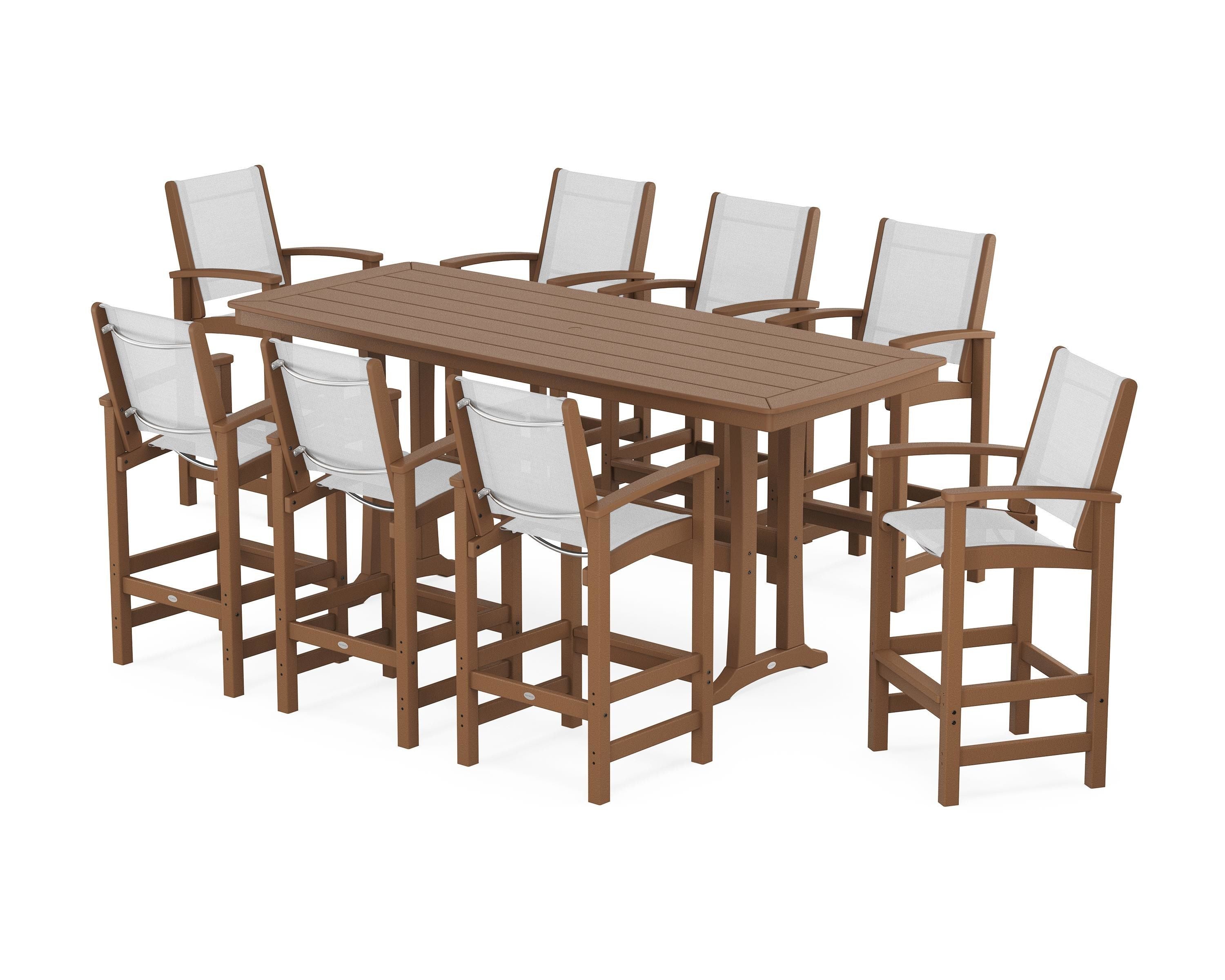 POLYWOOD Coastal 9-Piece Bar Set with Trestle Legs in Teak / White Sling