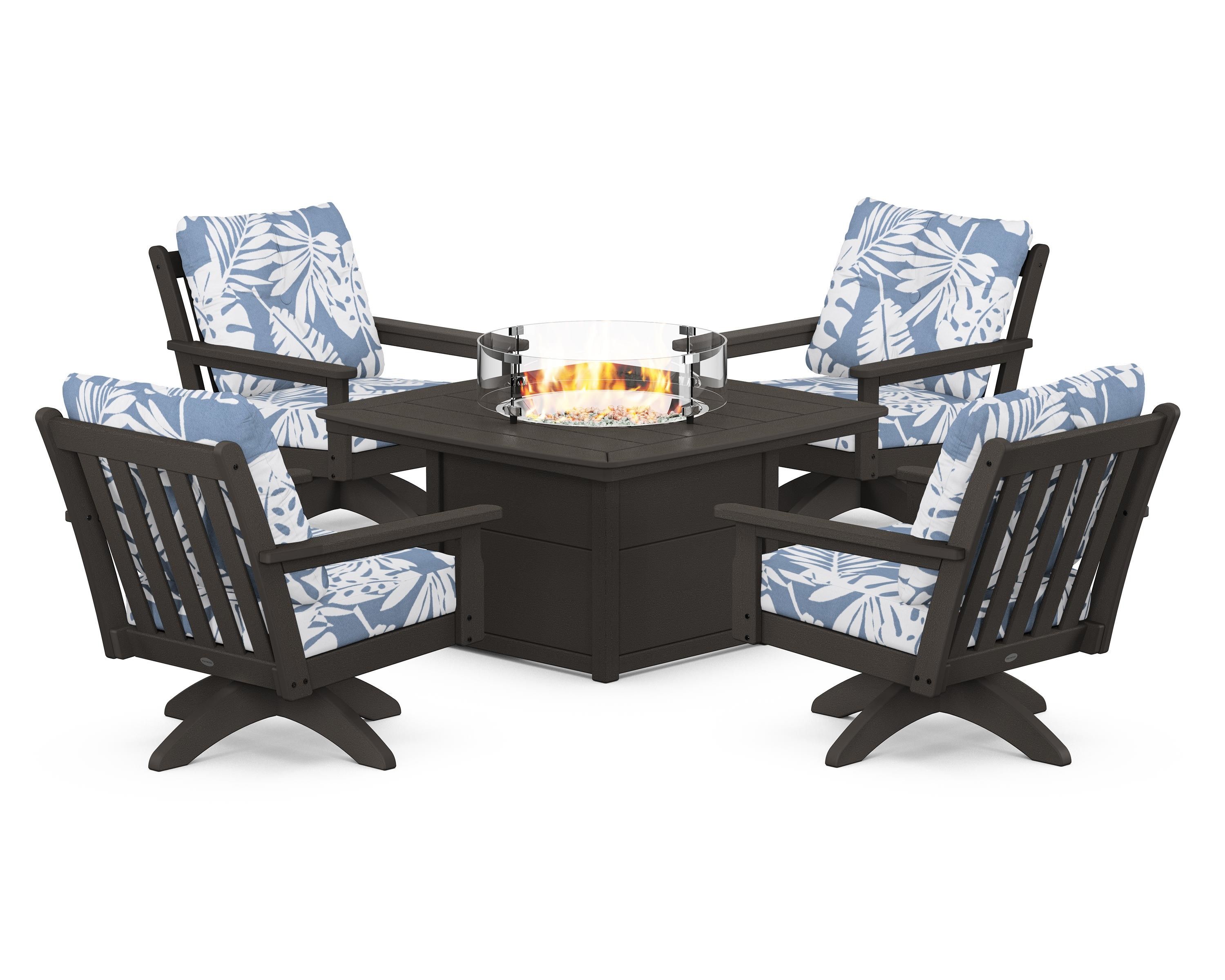 POLYWOOD Vineyard 5-Piece Deep Seating Swivel Conversation Set with Fire Pit Table in Vintage Coffee / Leaf Sky Blue