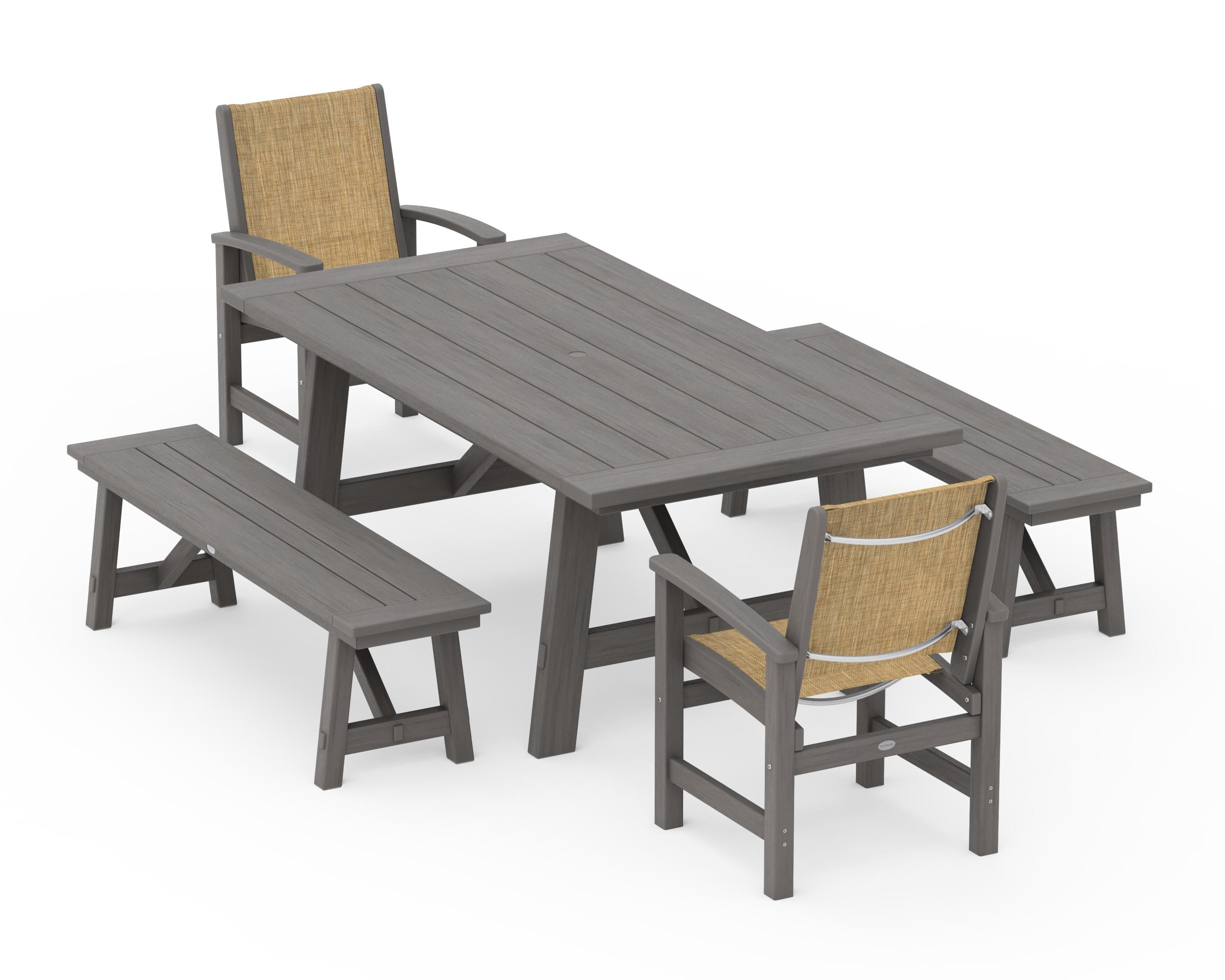 POLYWOOD Coastal 5-Piece Rustic Farmhouse Dining Set With Benches in Driftwood / Burlap Sling