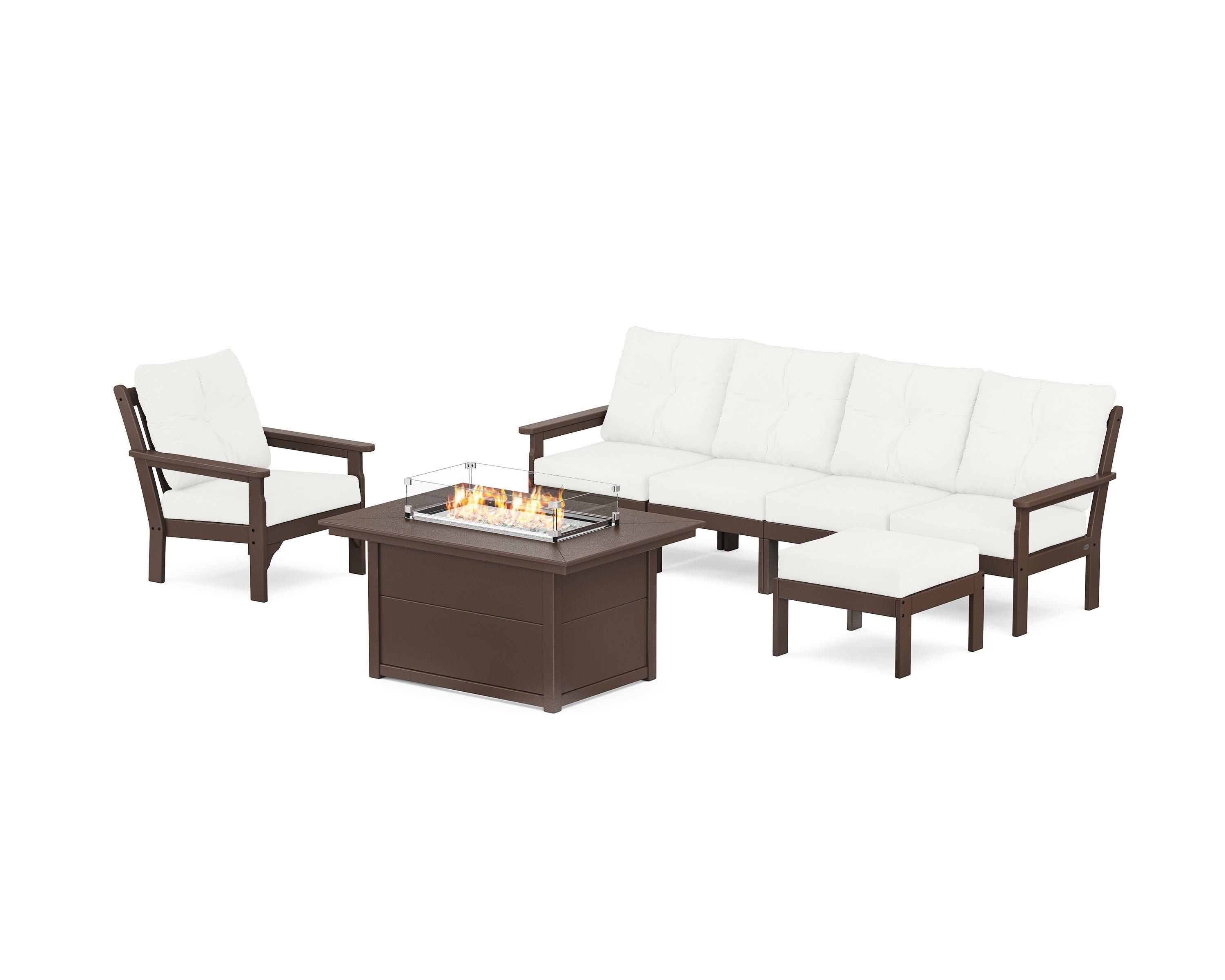 POLYWOOD Vineyard Sectional Lounge and Fire Pit Set in Mahogany / Natural Linen