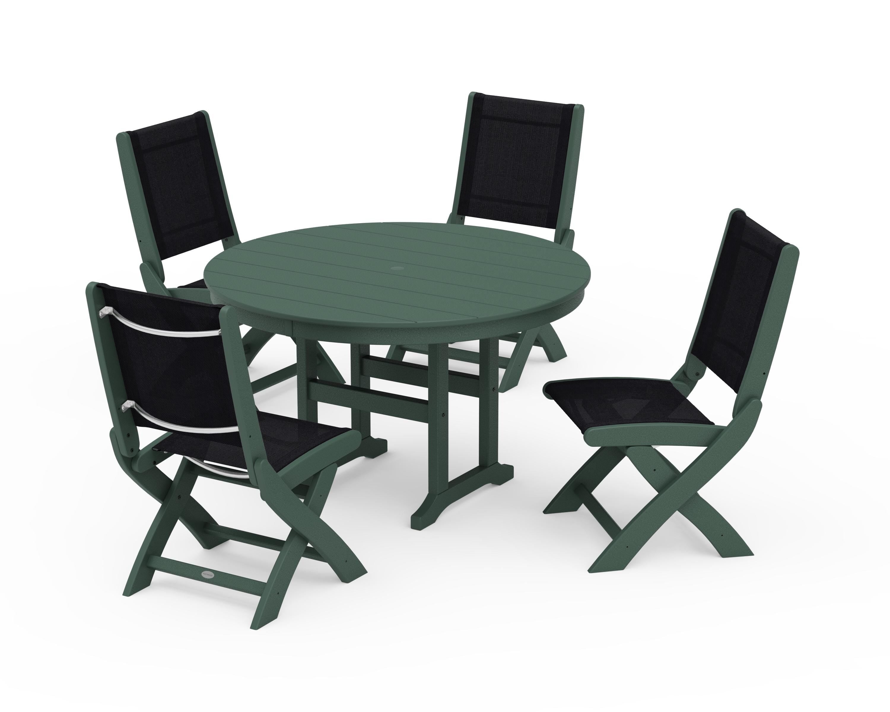POLYWOOD Coastal Folding Side Chair 5-Piece Round Dining Set in Green / Black Sling
