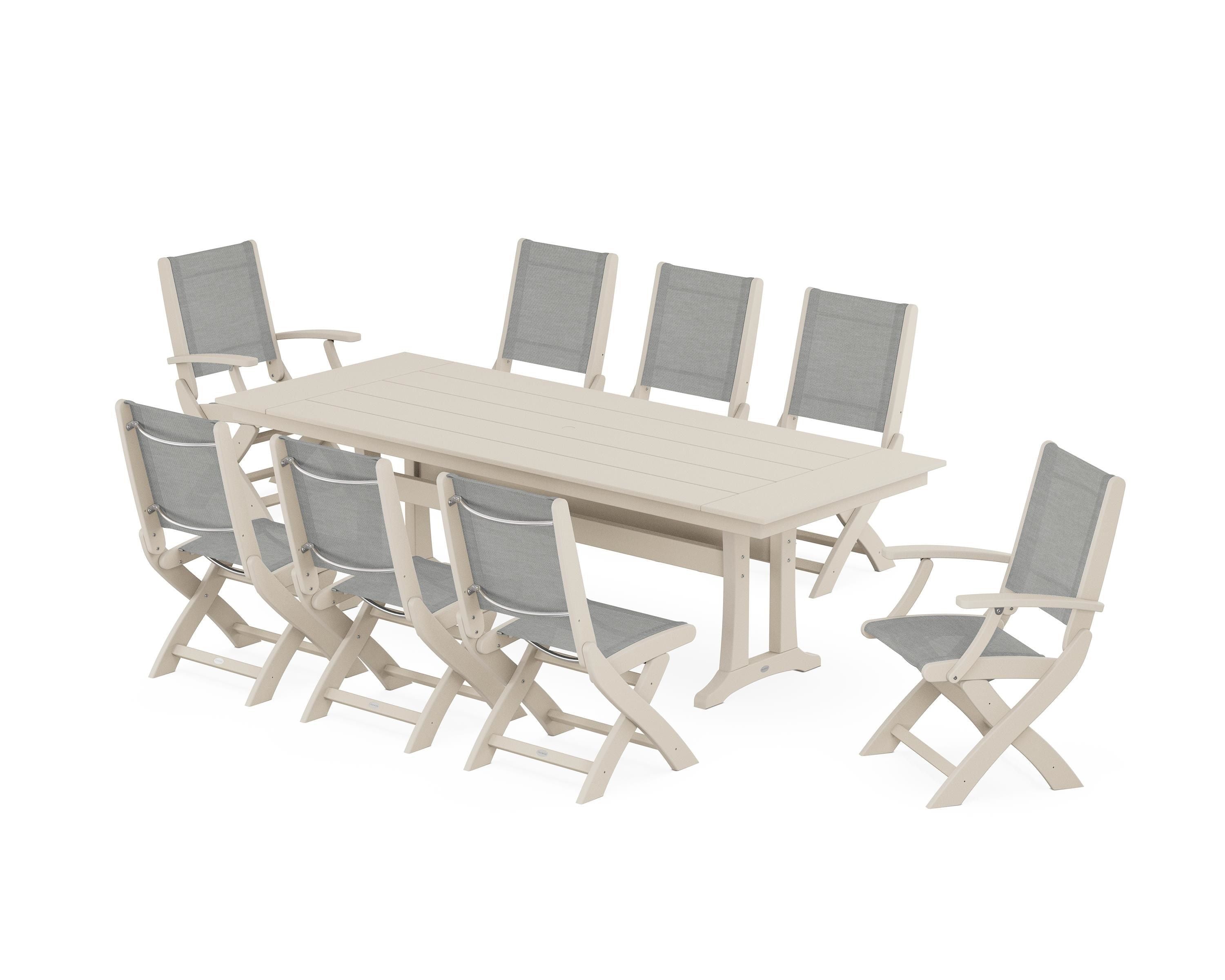 POLYWOOD Coastal 9-Piece Folding Dining Chair Farmhouse Dining Set with Trestle Legs in Sand / Metallic Sling