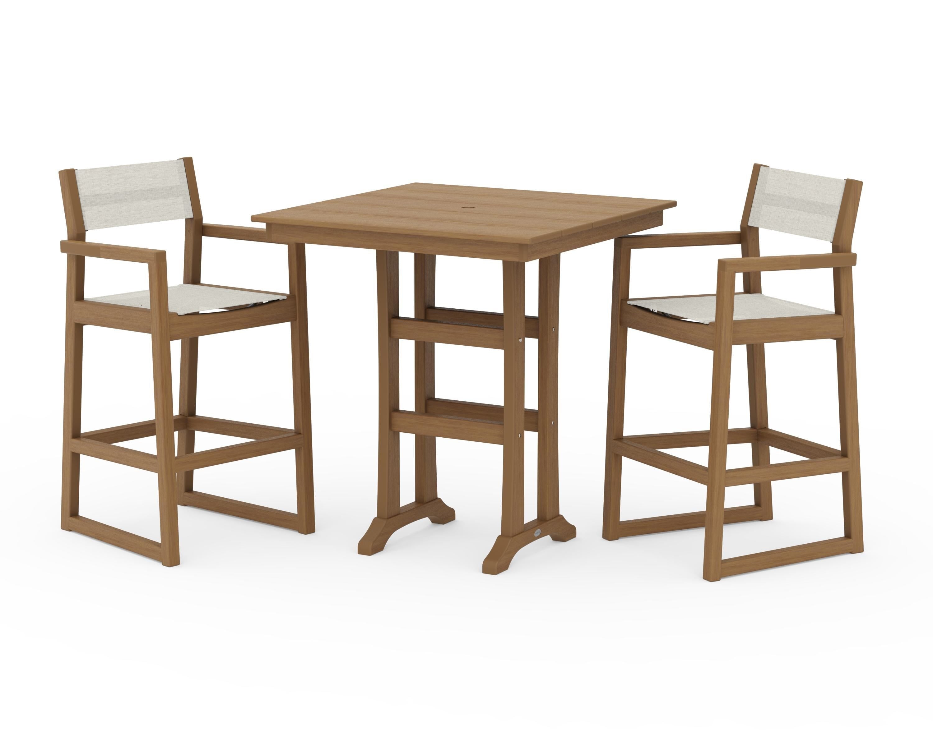 POLYWOOD EDGE Sling Arm Chair 3-Piece Farmhouse Bar Set with Trestle Legs in Natural / Parchment Sling
