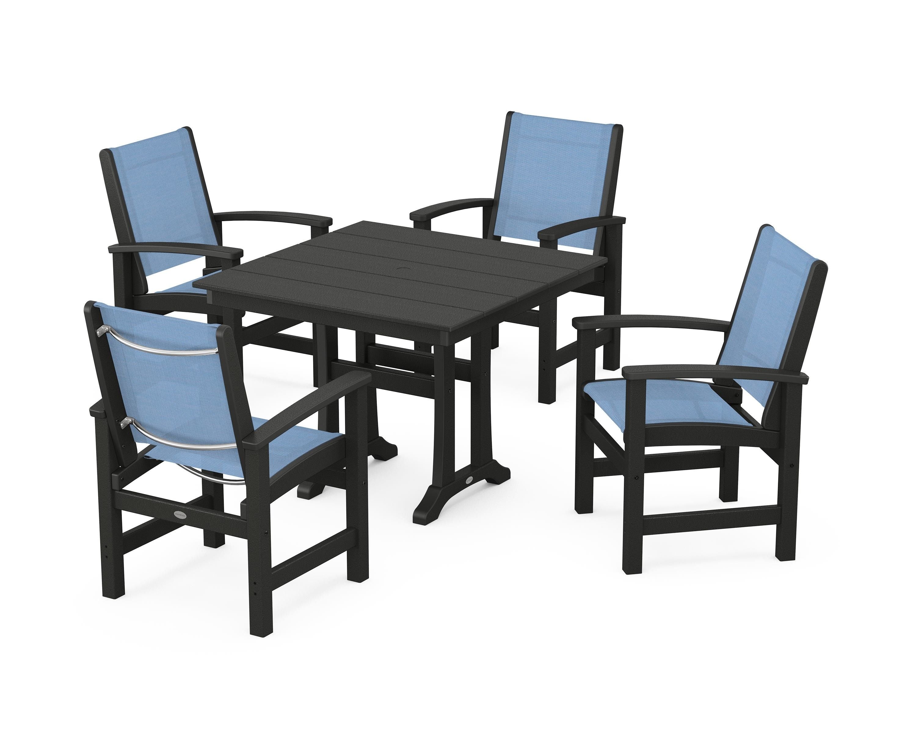 POLYWOOD Coastal 5-Piece Farmhouse Dining Set With Trestle Legs in Black / Poolside Sling