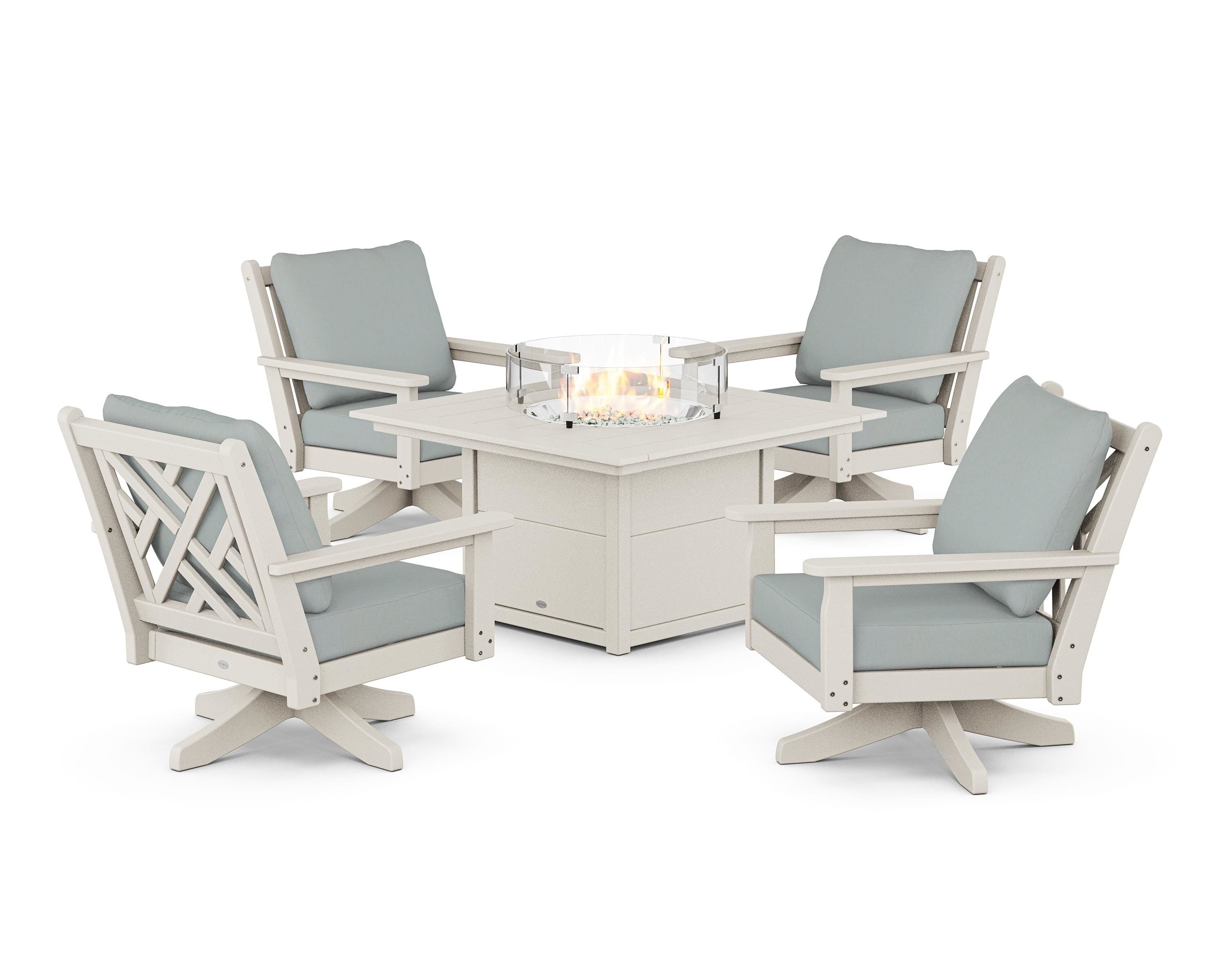 POLYWOOD Chippendale 5-Piece Deep Seating Swivel Conversation Set with Fire Pit Table in Sand / Spa