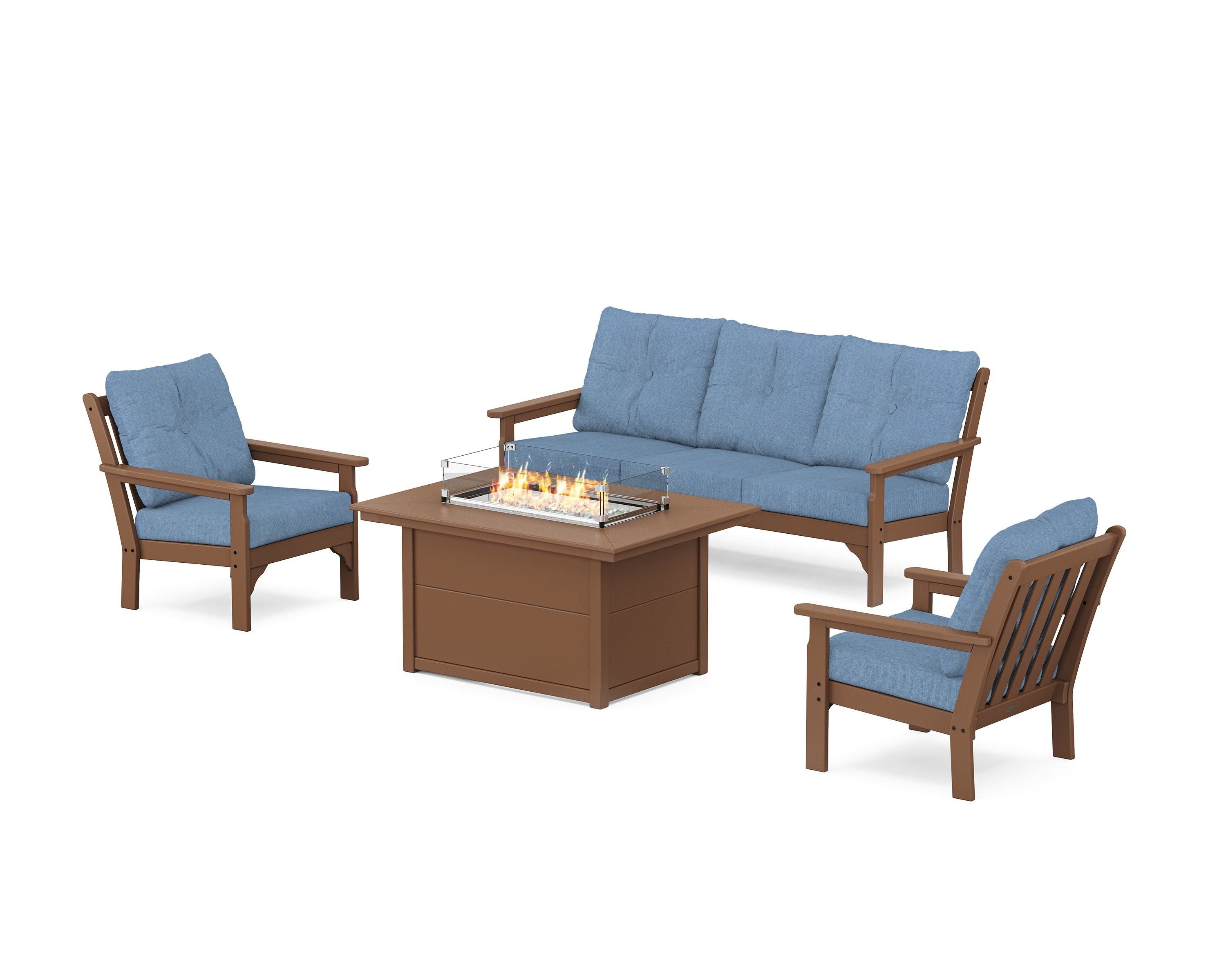 POLYWOOD Vineyard Deep Seating Fire Pit Table Set in Teak / Sky Blue