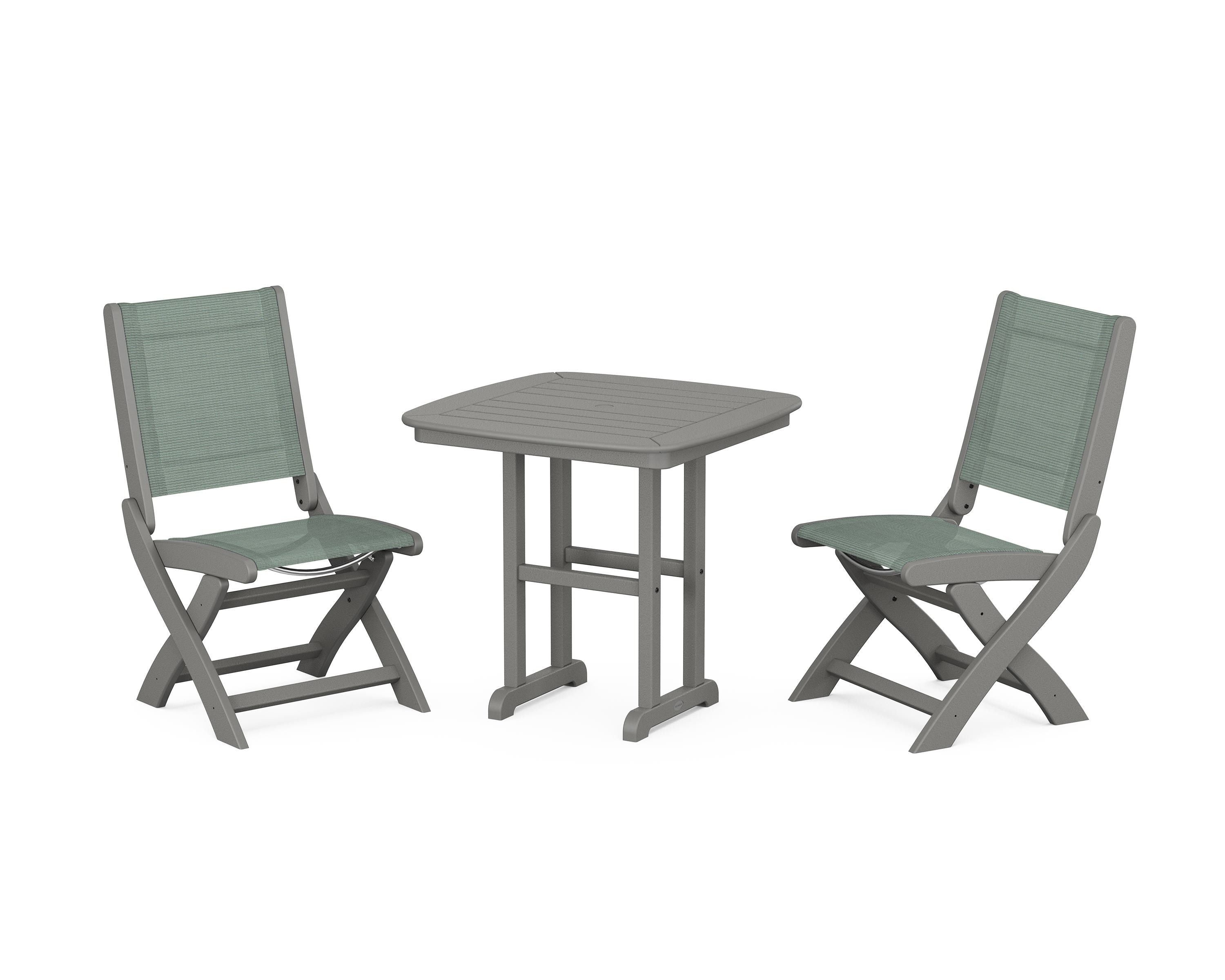 POLYWOOD Coastal Folding Side Chair 3-Piece Dining Set in Slate Grey / Dupioni Sea Mist Sling