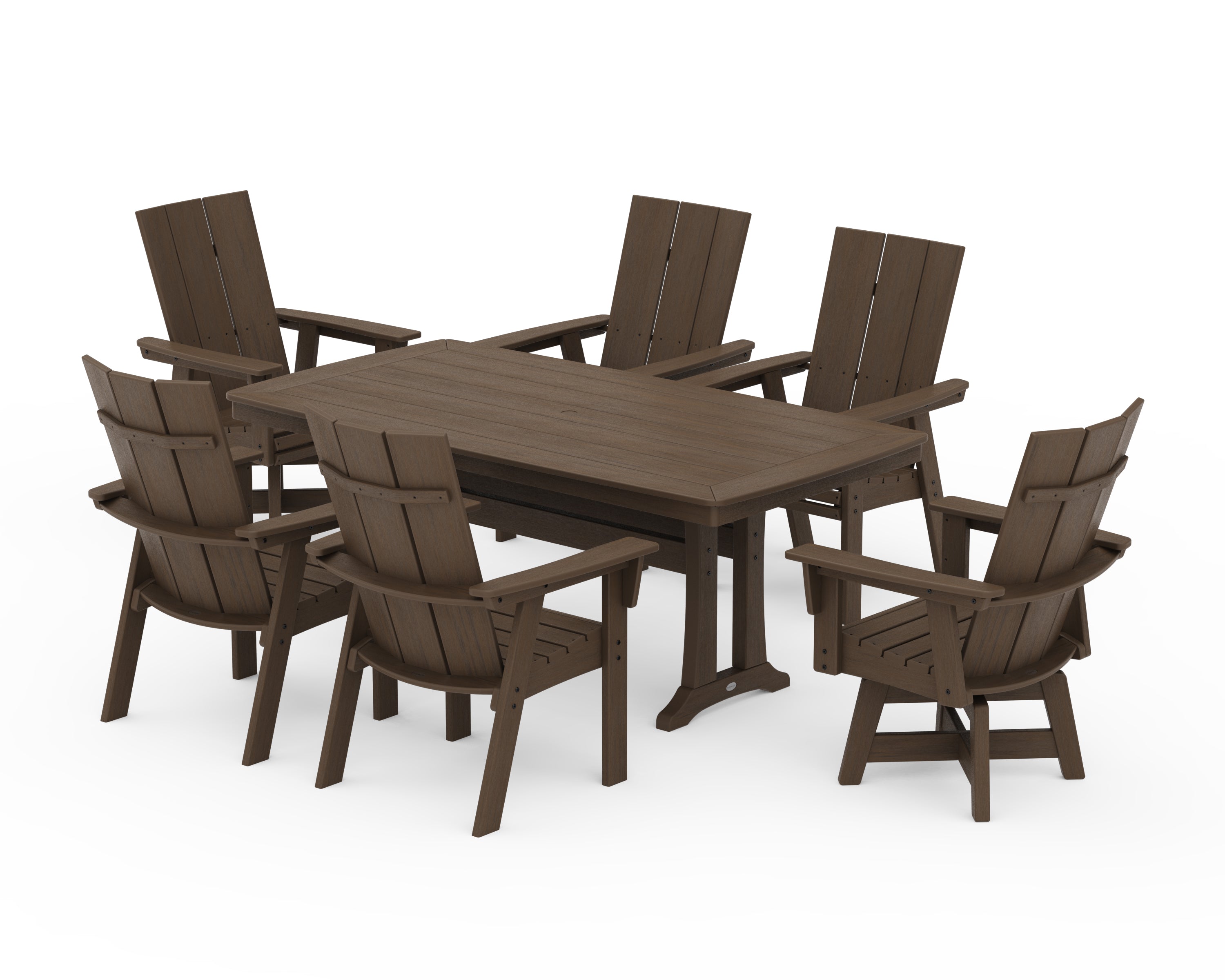 POLYWOOD Modern Adirondack Swivel Chair 7-Piece Dining Set with Trestle Legs in Kona