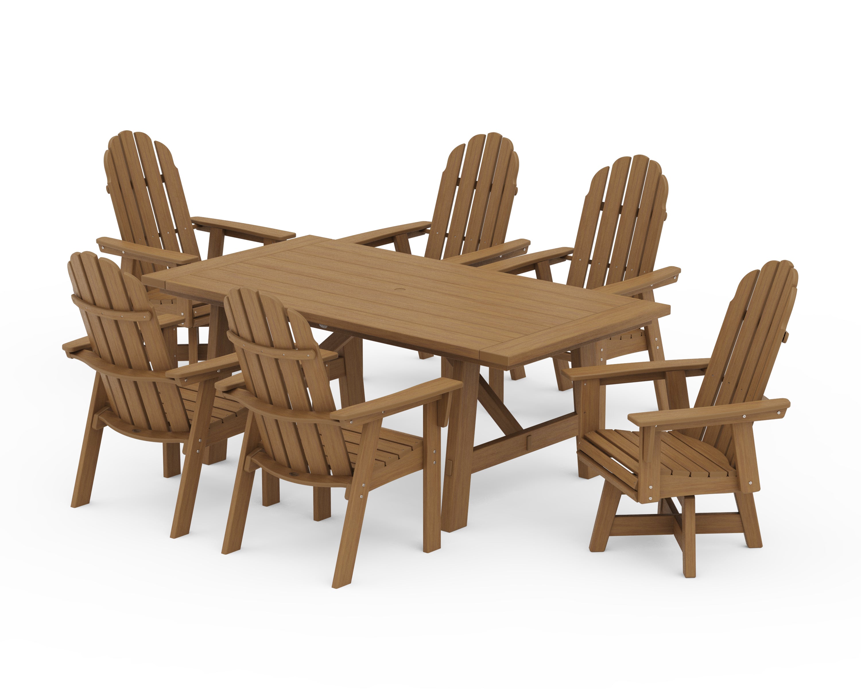 POLYWOOD Vineyard Curveback Adirondack Swivel Chair 7-Piece Rustic Farmhouse Dining Set in Natural