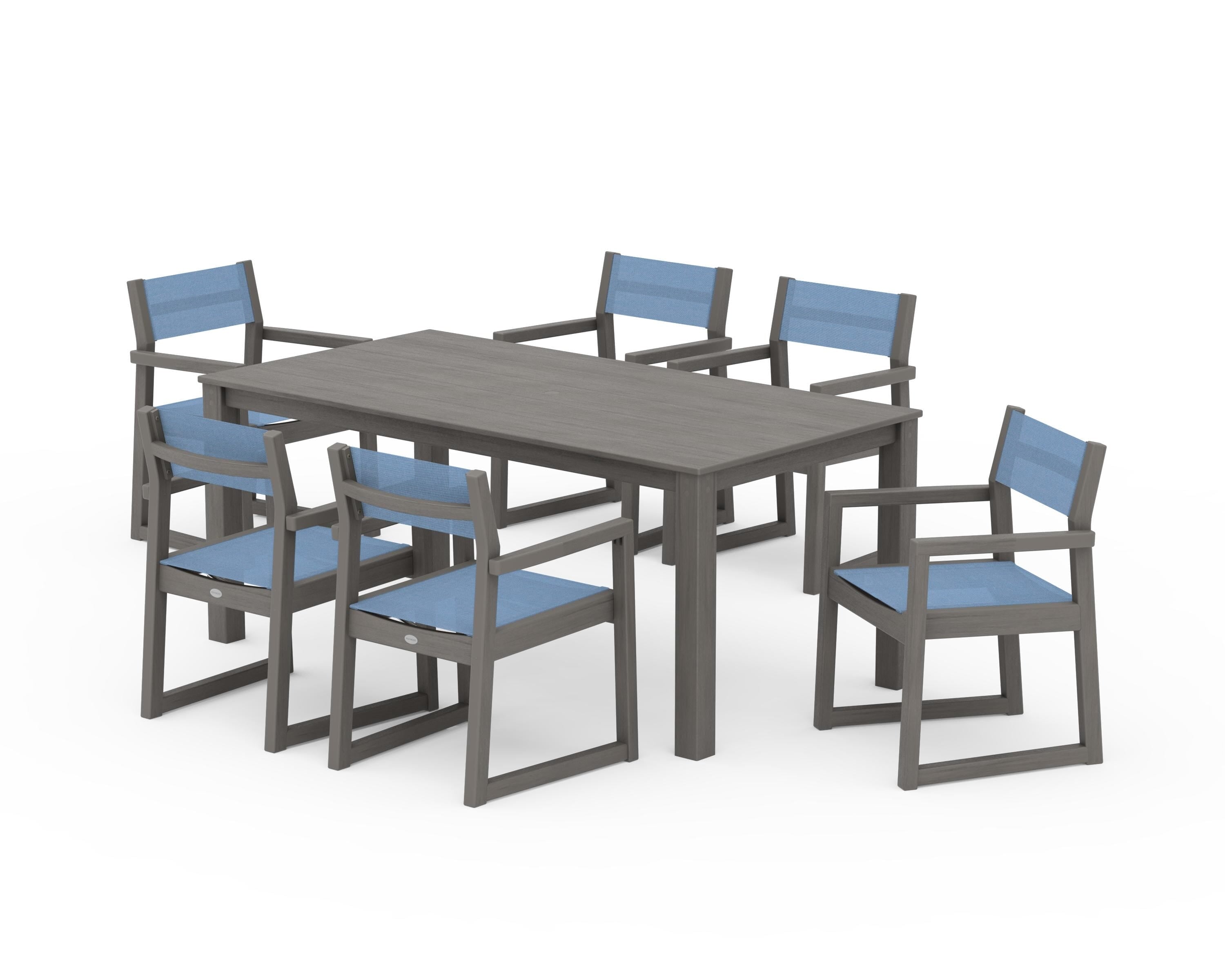POLYWOOD EDGE Sling Arm Chair 7-Piece Parsons Dining Set in Driftwood / Poolside Sling