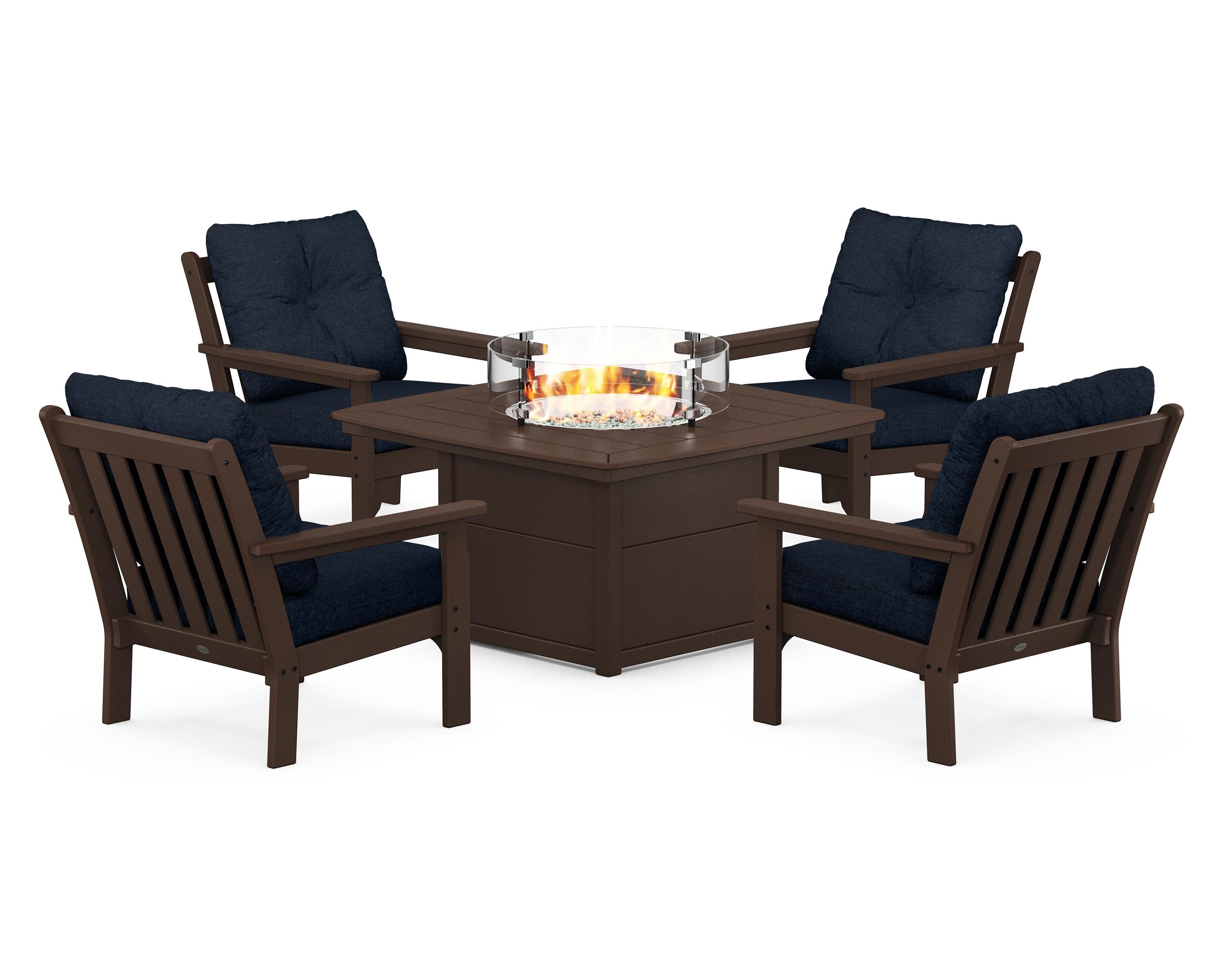 POLYWOOD Vineyard 5-Piece Conversation Set with Fire Pit Table in Mahogany / Marine Indigo