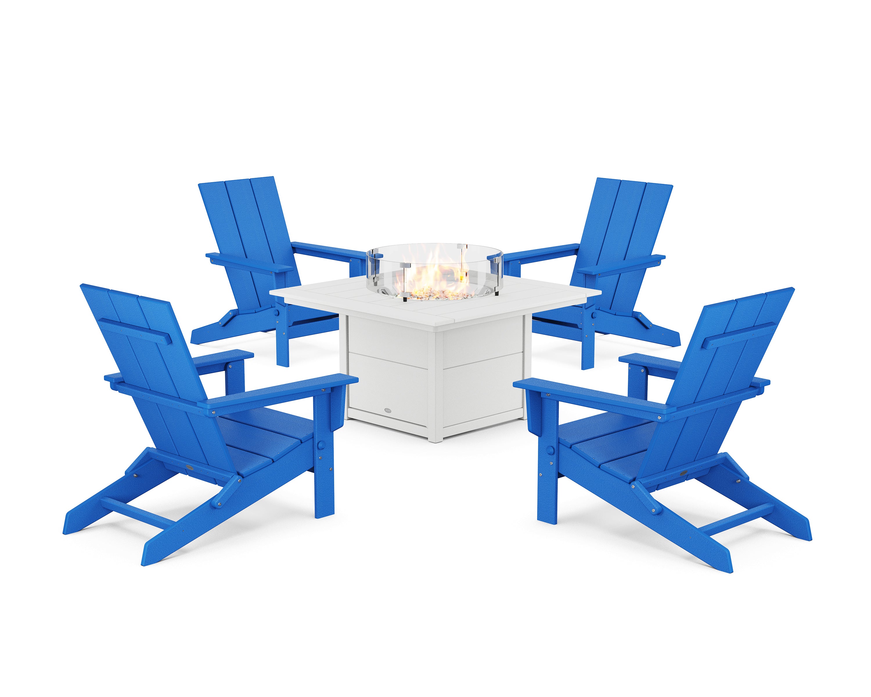 POLYWOOD 5-Piece Modern Studio Folding Adirondack Conversation Set with Fire Pit Table in Pacific Blue / White