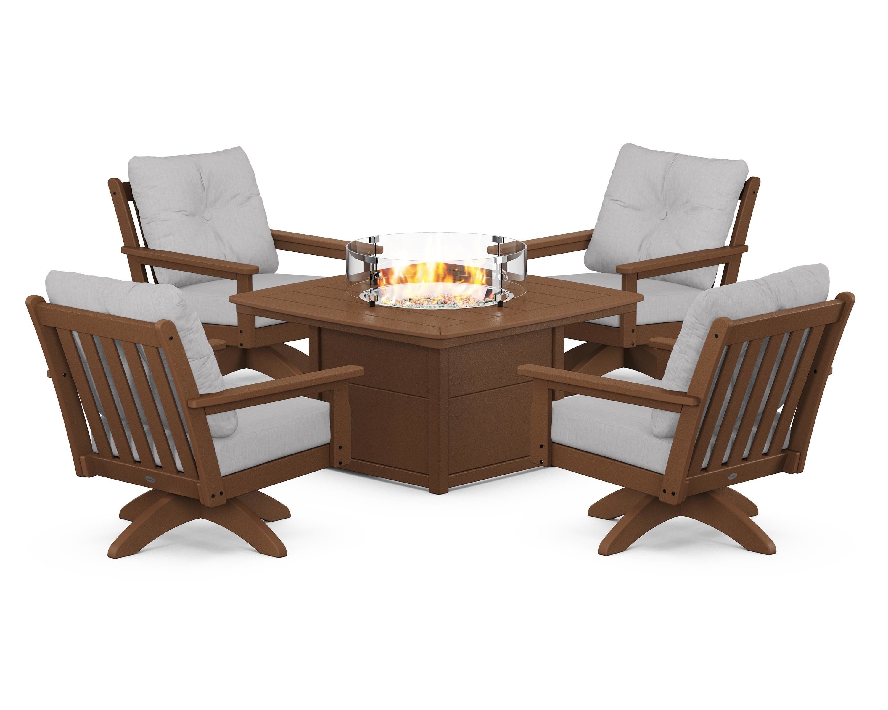 POLYWOOD Vineyard 5-Piece Deep Seating Swivel Conversation Set with Fire Pit Table in Teak / Granite