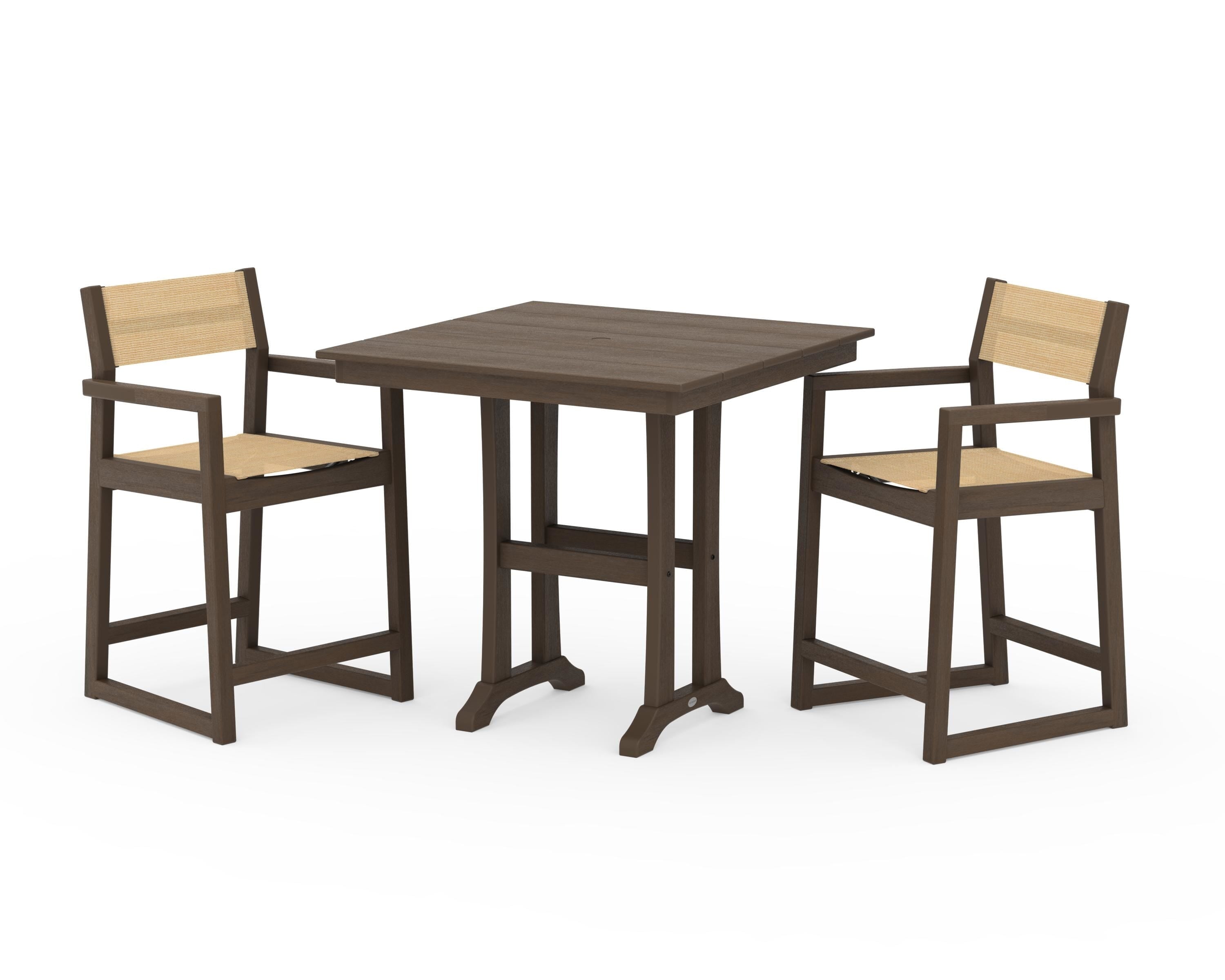 POLYWOOD EDGE Sling Arm Chair 3-Piece Farmhouse Counter Set with Trestle Legs in Kona / Dupioni Apricot Sling
