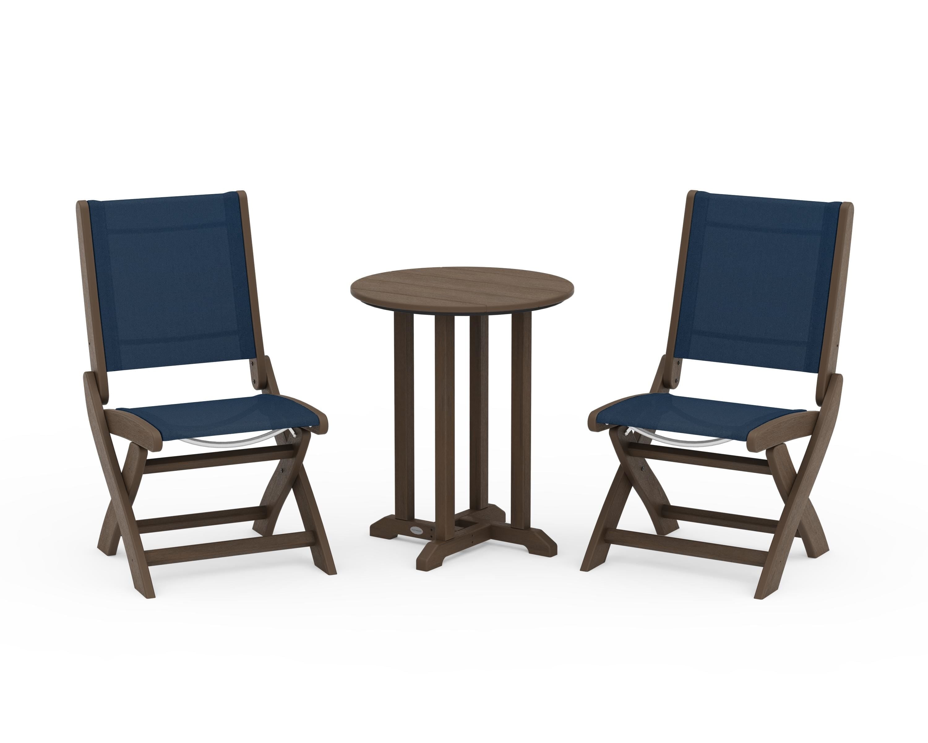 POLYWOOD Coastal Folding Side Chair 3-Piece Round Bistro Dining Set in Kona / Navy Blue Sling