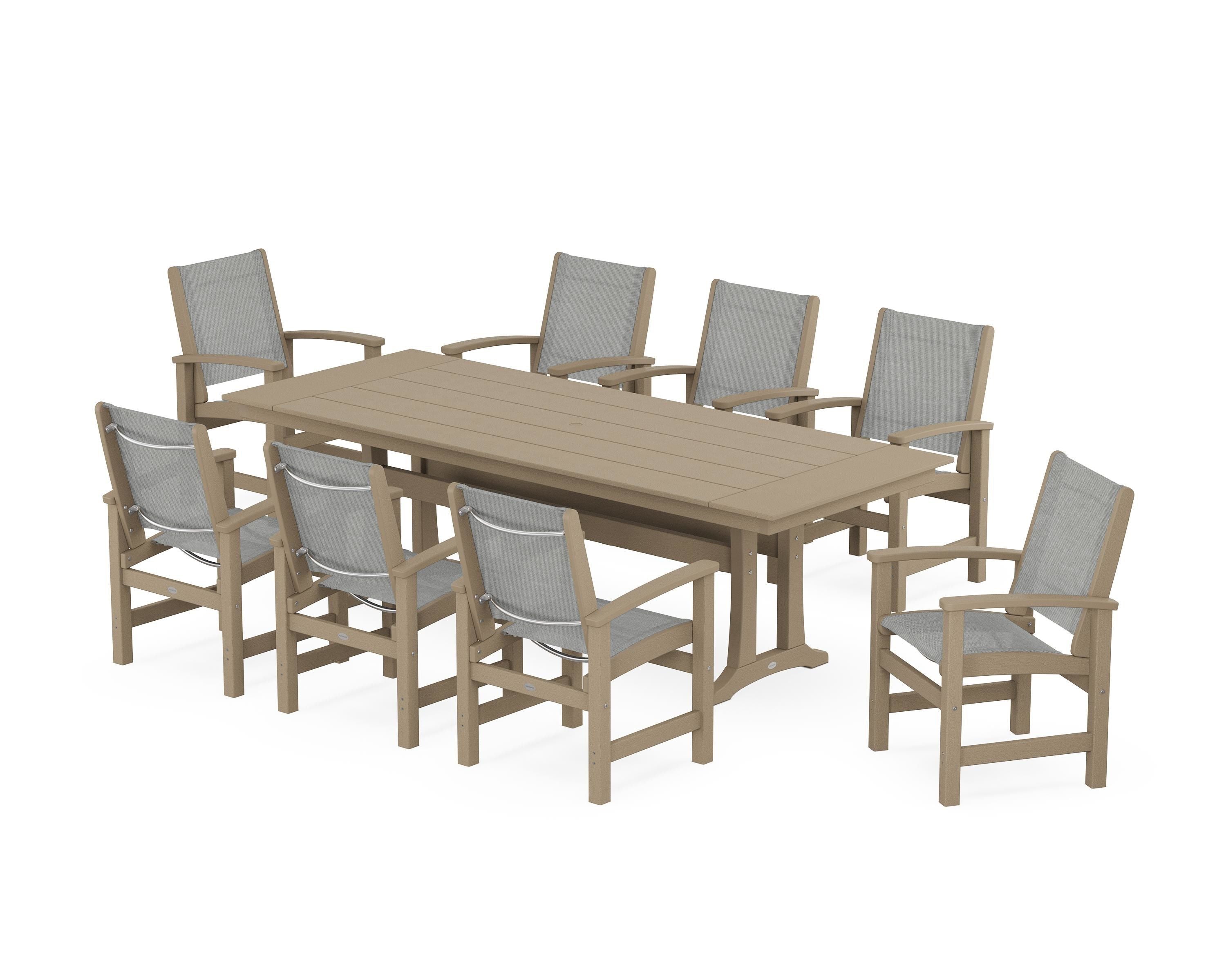 POLYWOOD Coastal 9-Piece Farmhouse Dining Set with Trestle Legs in Vintage Sahara / Metallic Sling