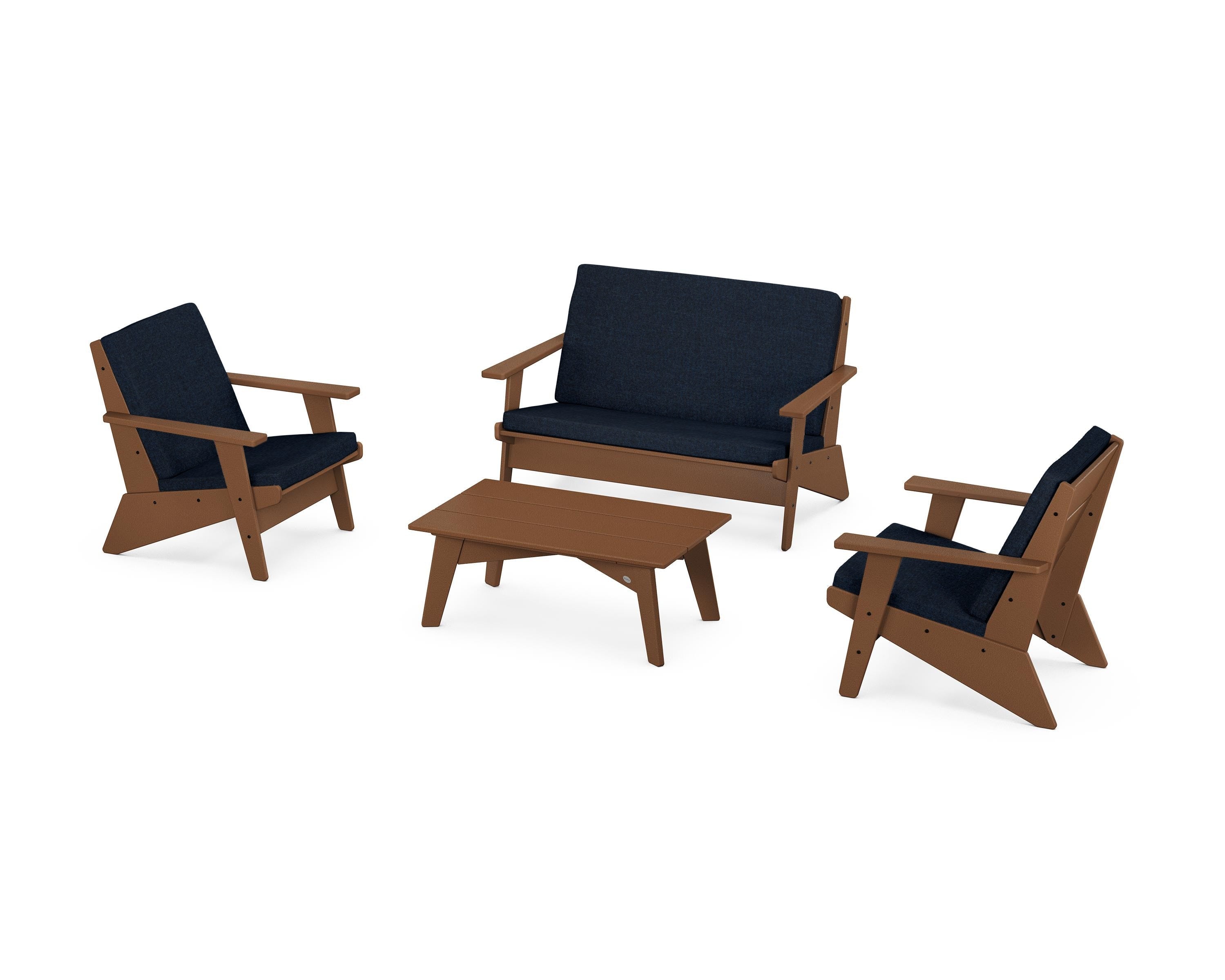 POLYWOOD Riviera Modern Lounge 4-Piece Set in Teak / Marine Indigo