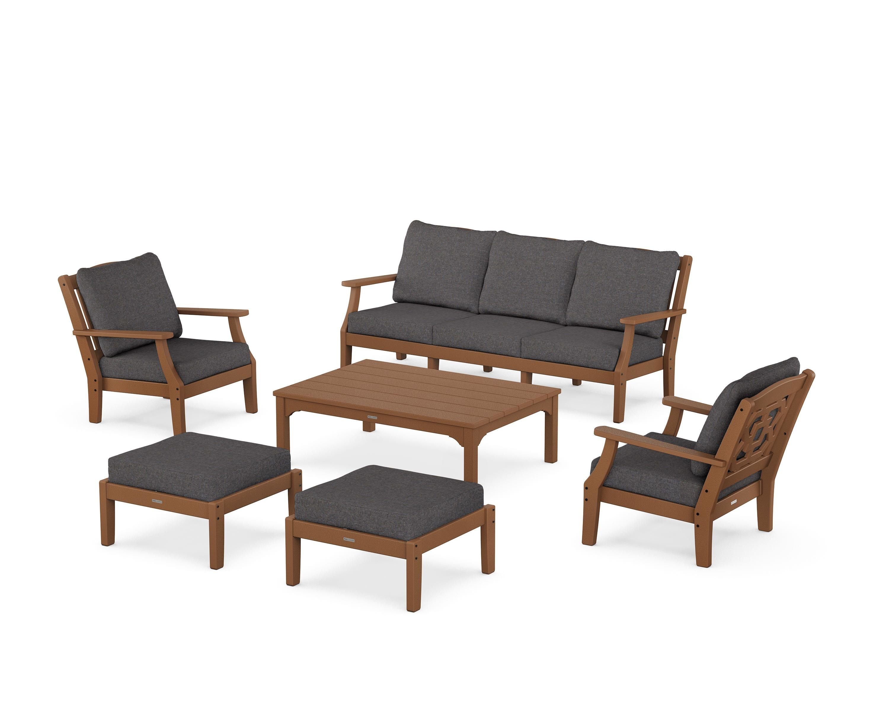 Martha Stewart by POLYWOOD Chinoiserie 6-Piece Lounge Sofa Set in Teak / Ash Charcoal