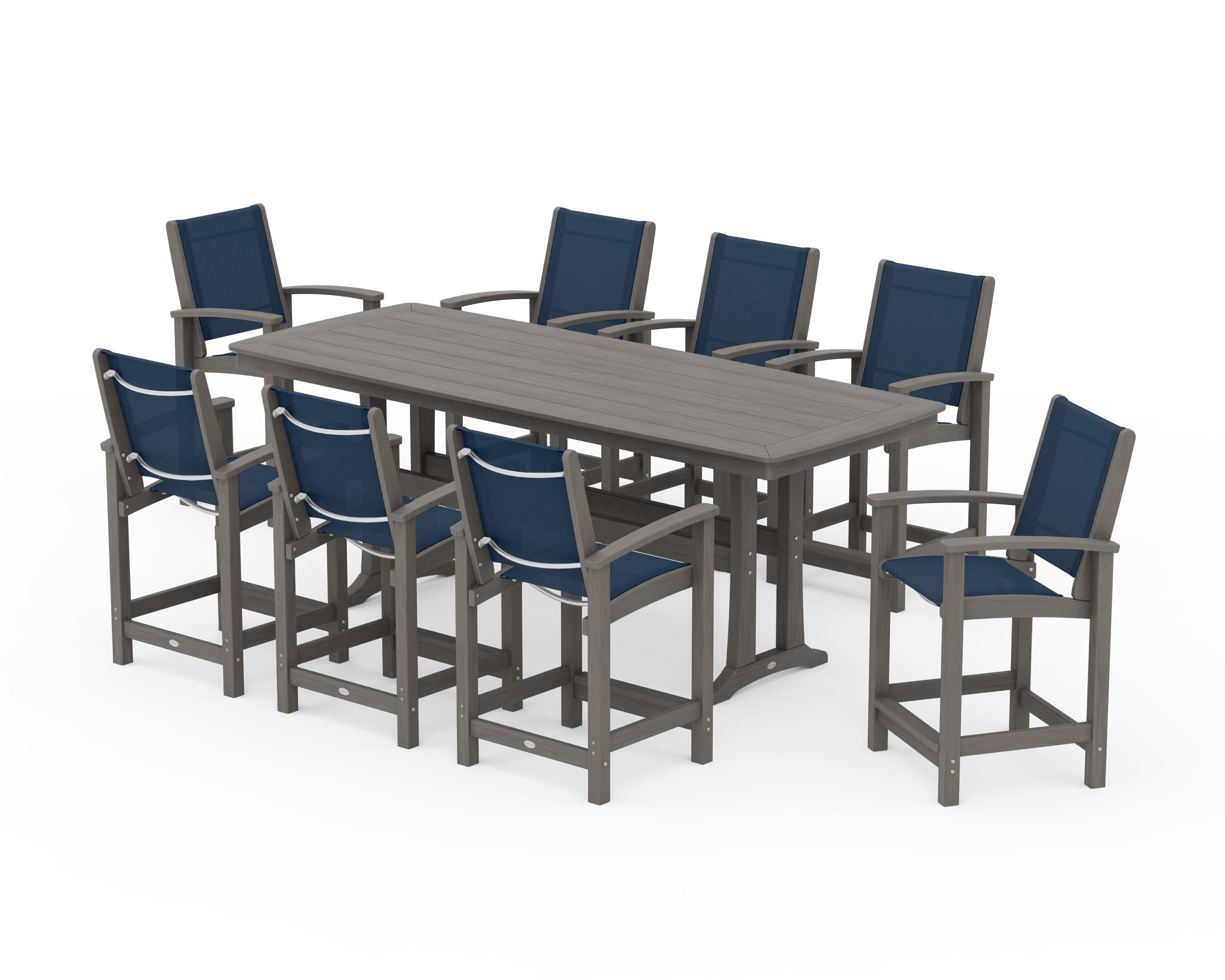 POLYWOOD Coastal 9-Piece Counter Set with Trestle Legs in Driftwood / Navy Blue Sling