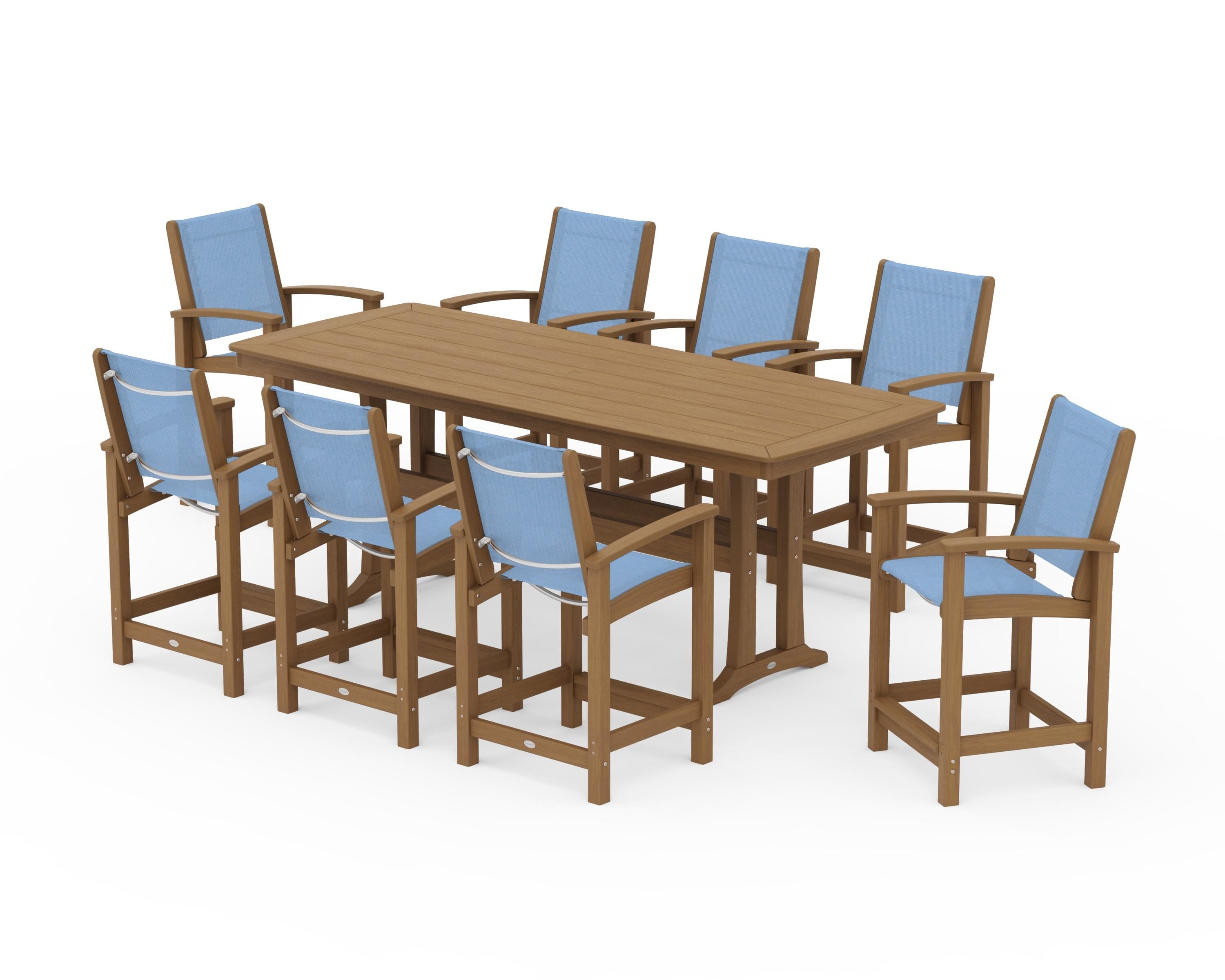 POLYWOOD Coastal 9-Piece Counter Set with Trestle Legs in Natural / Poolside Sling