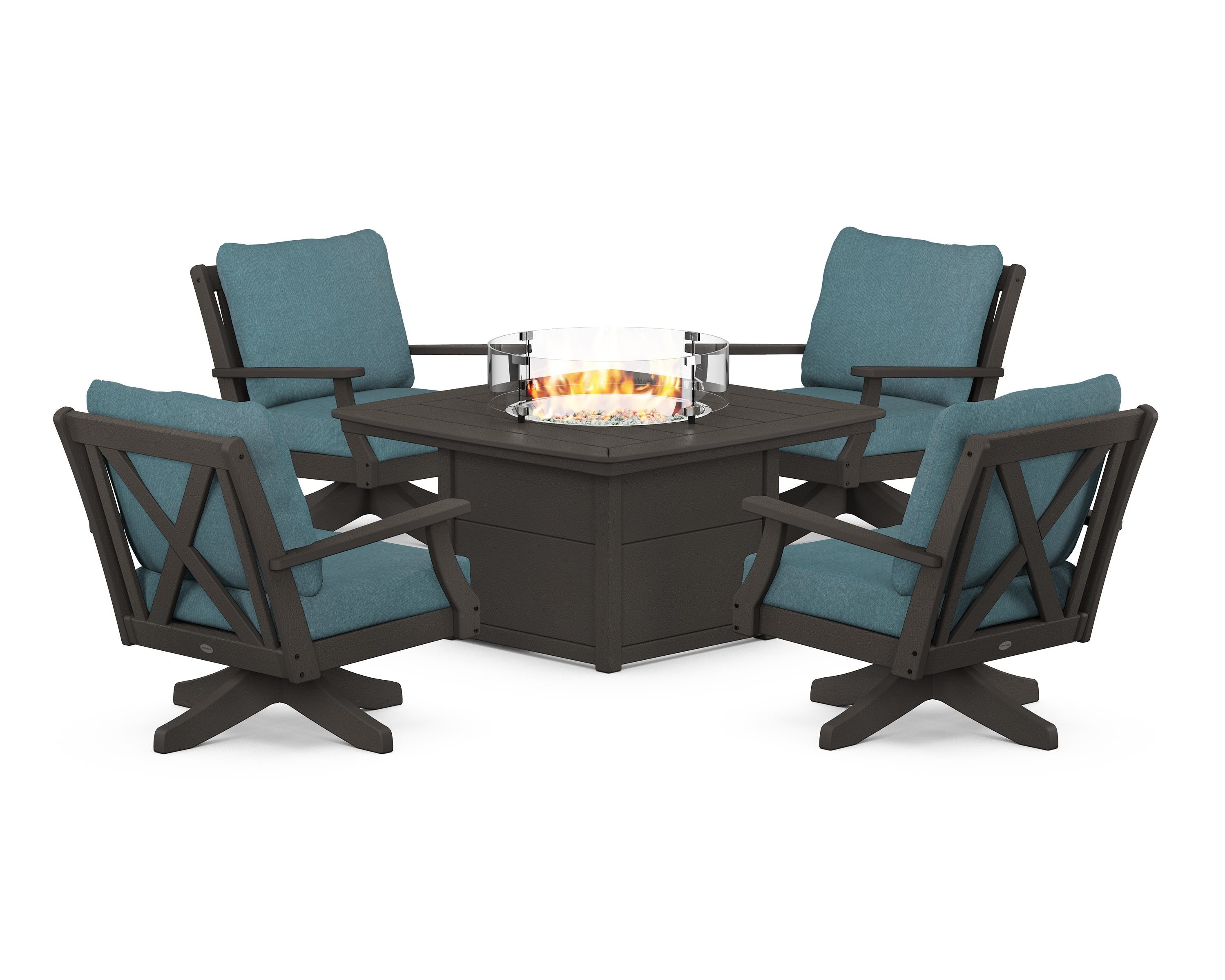 POLYWOOD Braxton 5-Piece Deep Seating Swivel Conversation Set with Fire Pit Table in Vintage Coffee / Ocean Teal
