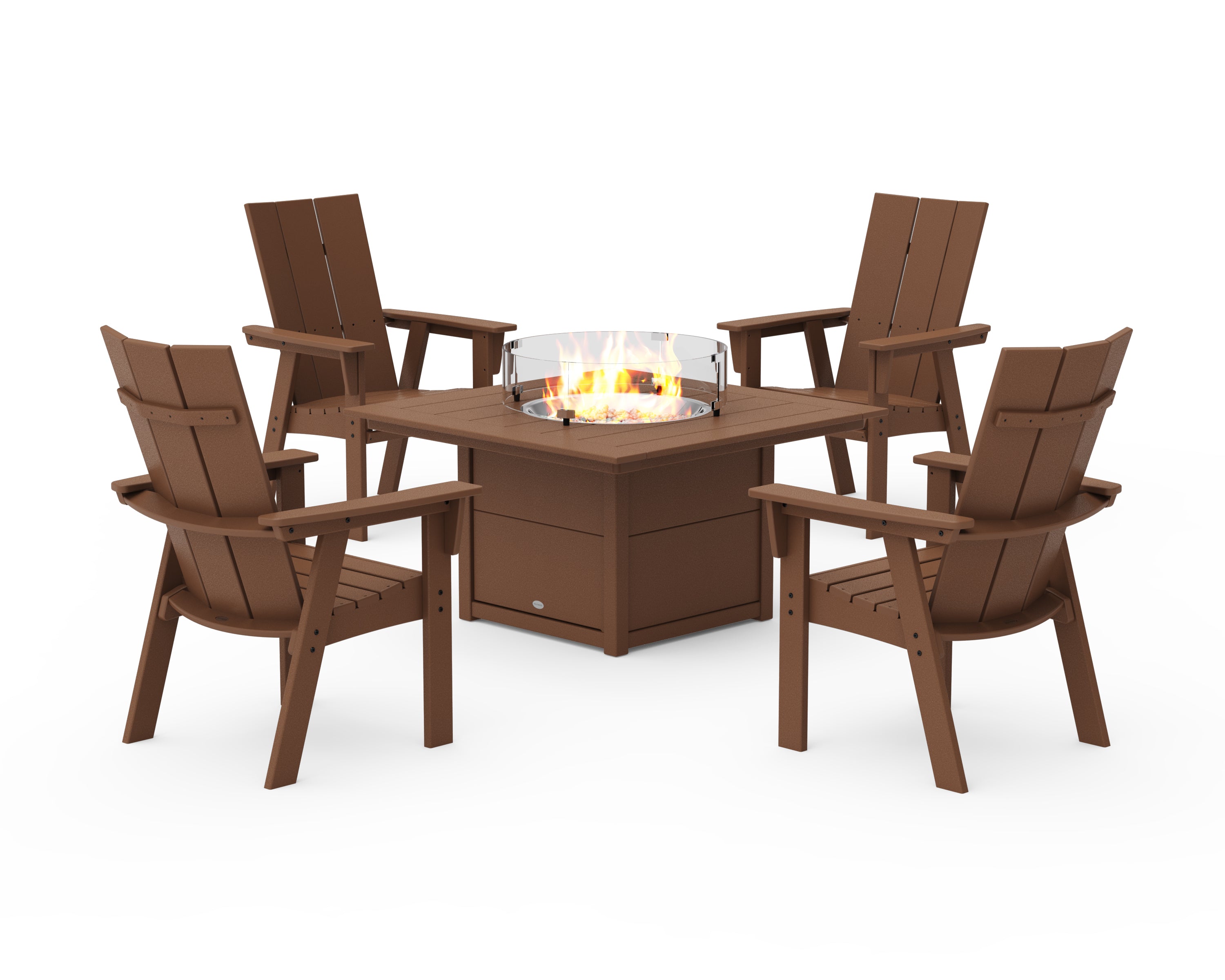 POLYWOOD Modern 4-Piece Curveback Upright Adirondack Conversation Set with Fire Pit Table in Teak
