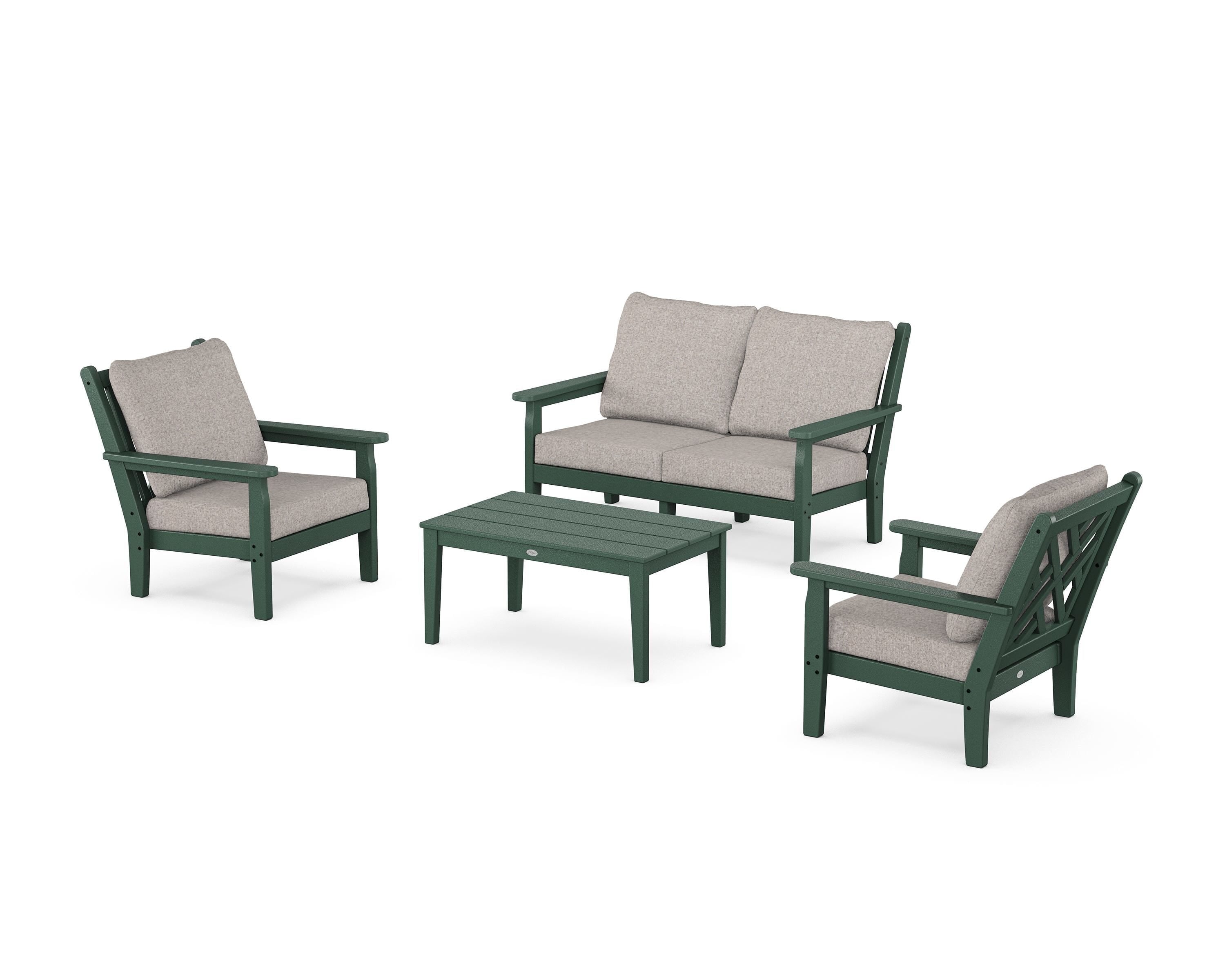 POLYWOOD Chippendale 4-Piece Deep Seating Set with Loveseat in Green / Weathered Tweed