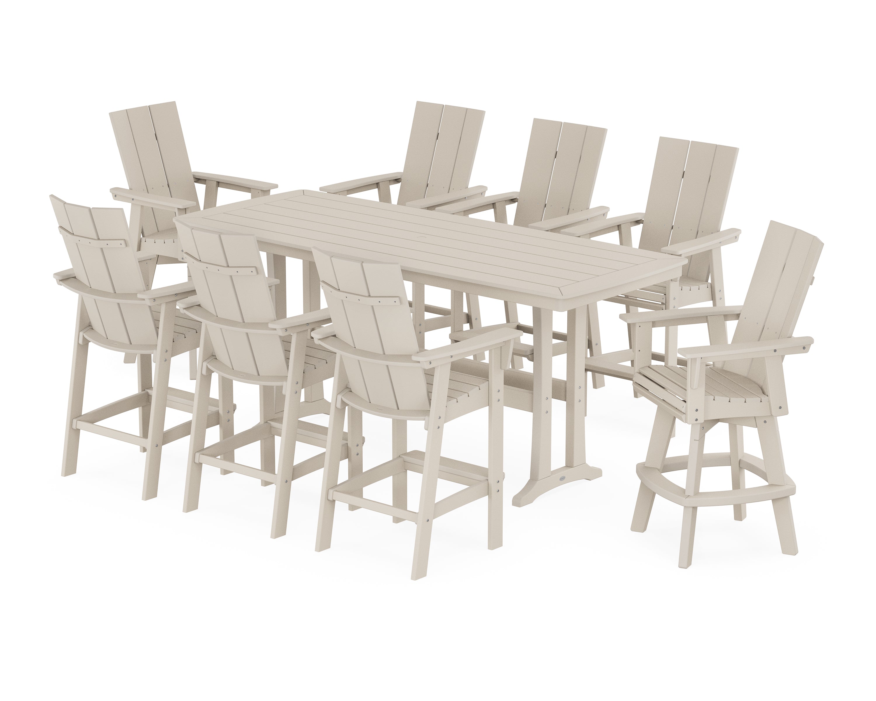 POLYWOOD Modern Curveback Adirondack Swivel 9-Piece Bar Set with Trestle Legs in Sand
