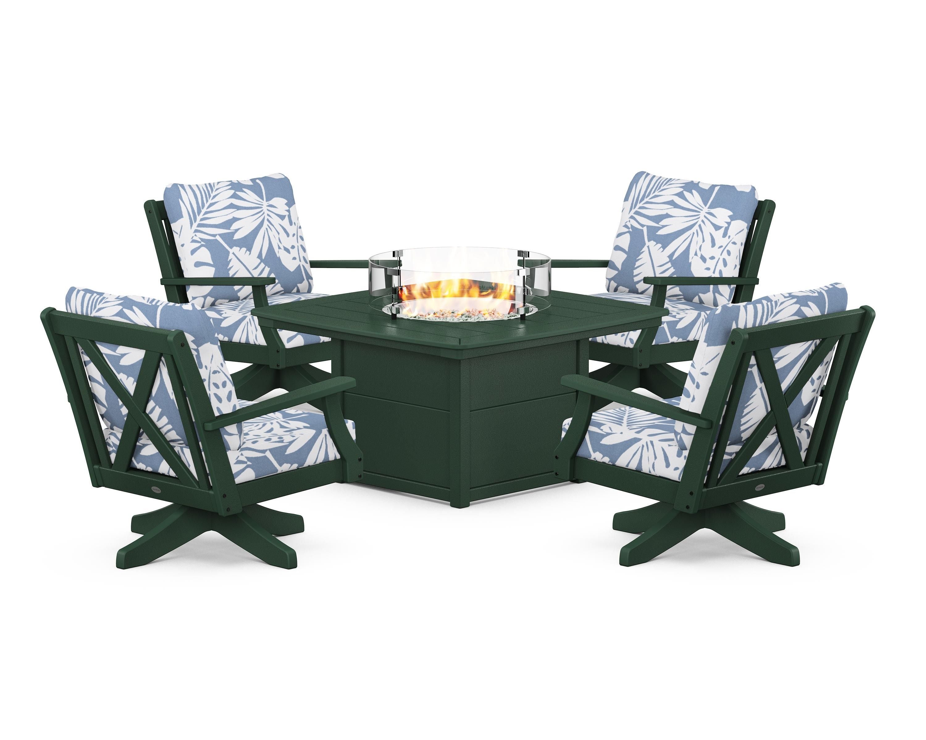 POLYWOOD Braxton 5-Piece Deep Seating Swivel Conversation Set with Fire Pit Table in Green / Leaf Sky Blue