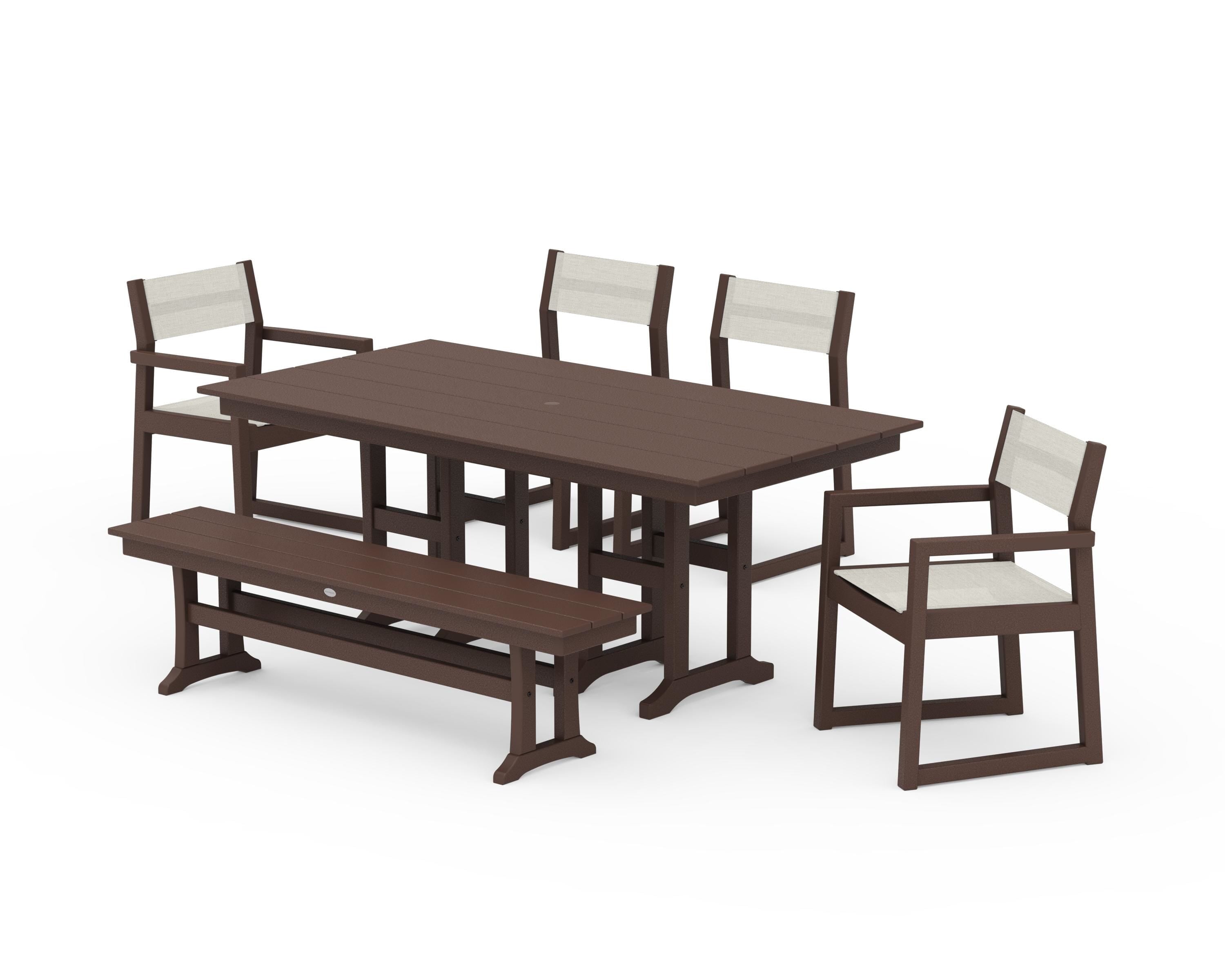 POLYWOOD EDGE Sling 6-Piece Farmhouse Dining Set in Mahogany / Parchment Sling