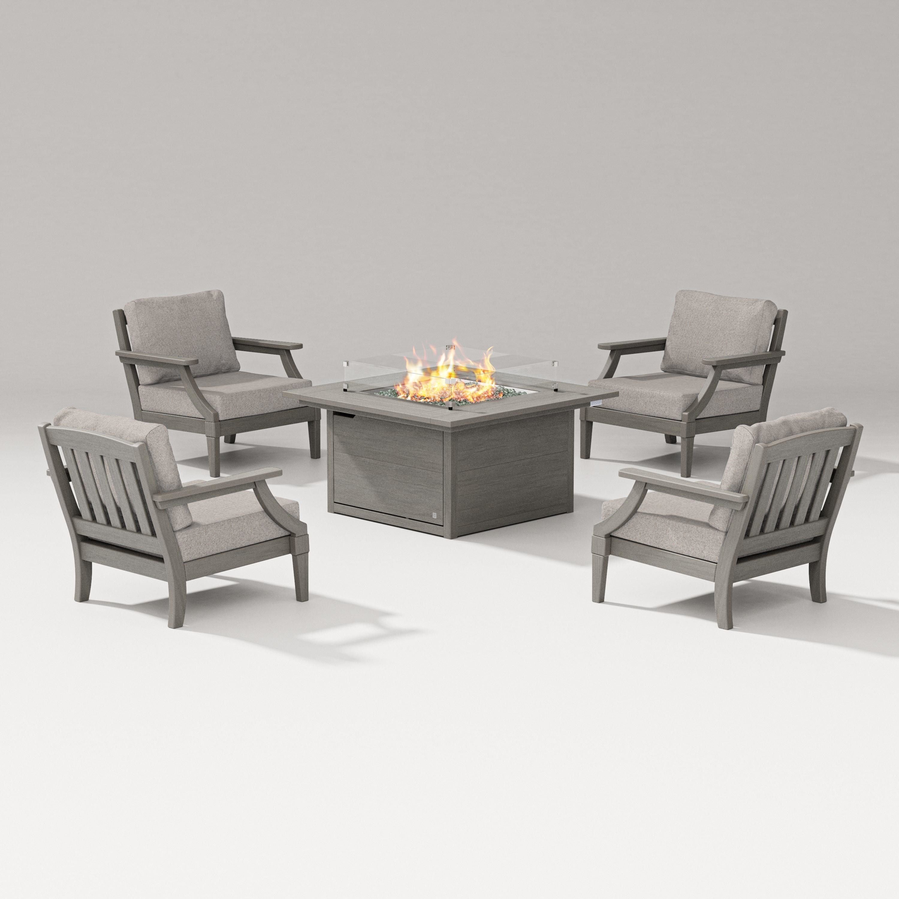 PW Designer Series Estate 5-Piece Lounge Fire Table Set in Driftwood / Weathered Tweed