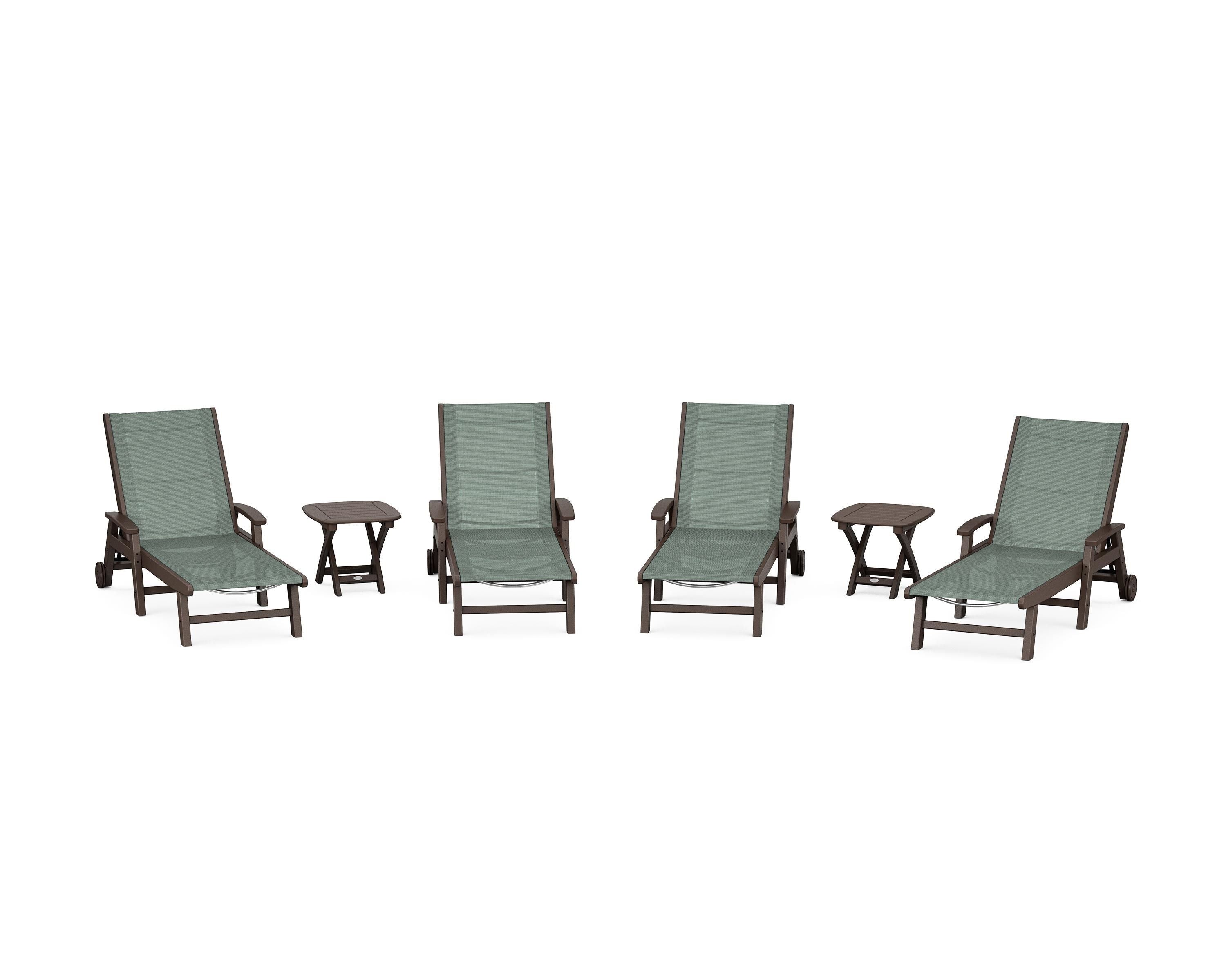 POLYWOOD Coastal Chaise 6-Piece Set with Wheels in Mahogany / Dupioni Sea Mist Sling