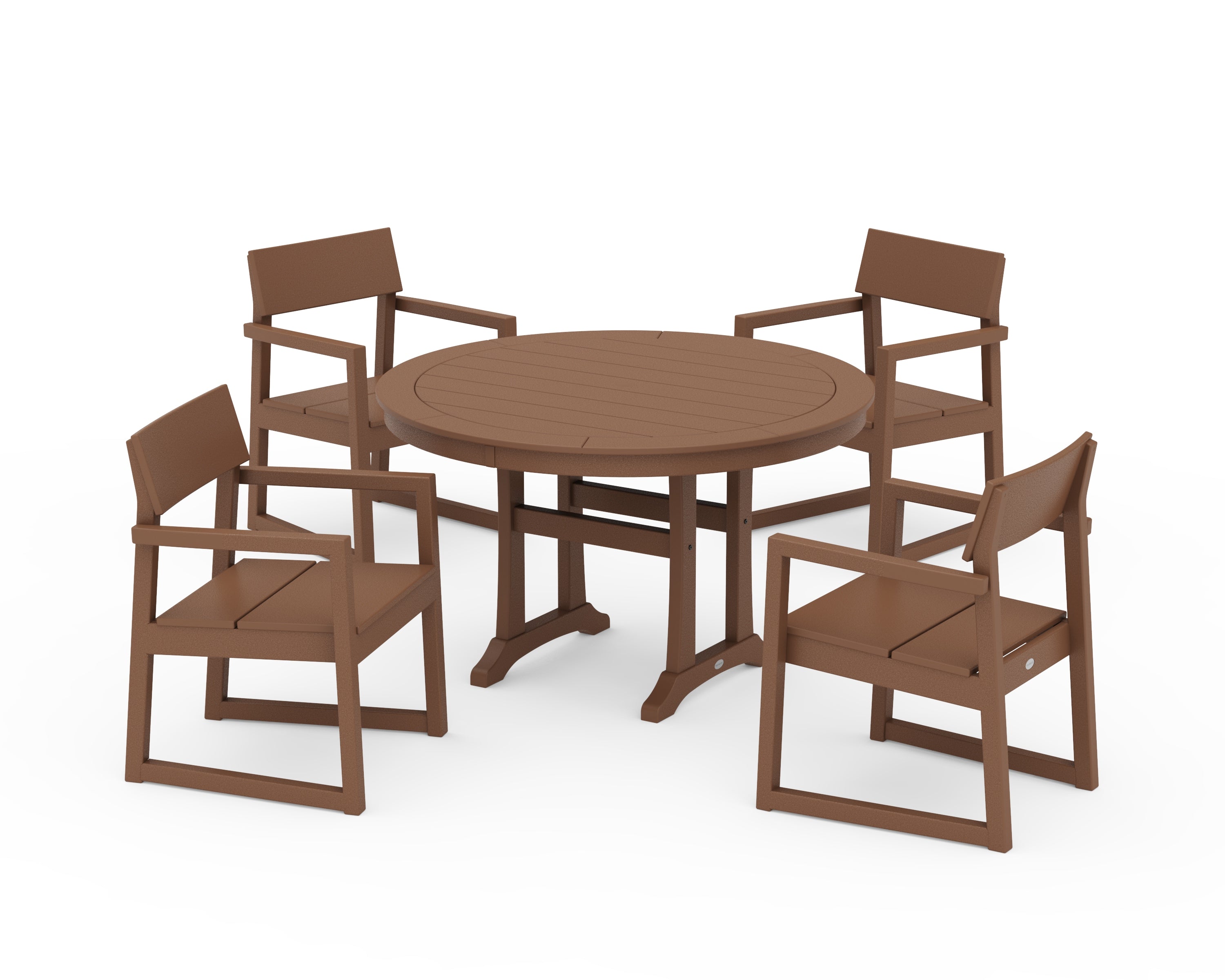 POLYWOOD EDGE 5-Piece Round Dining Set with Trestle Legs in Teak