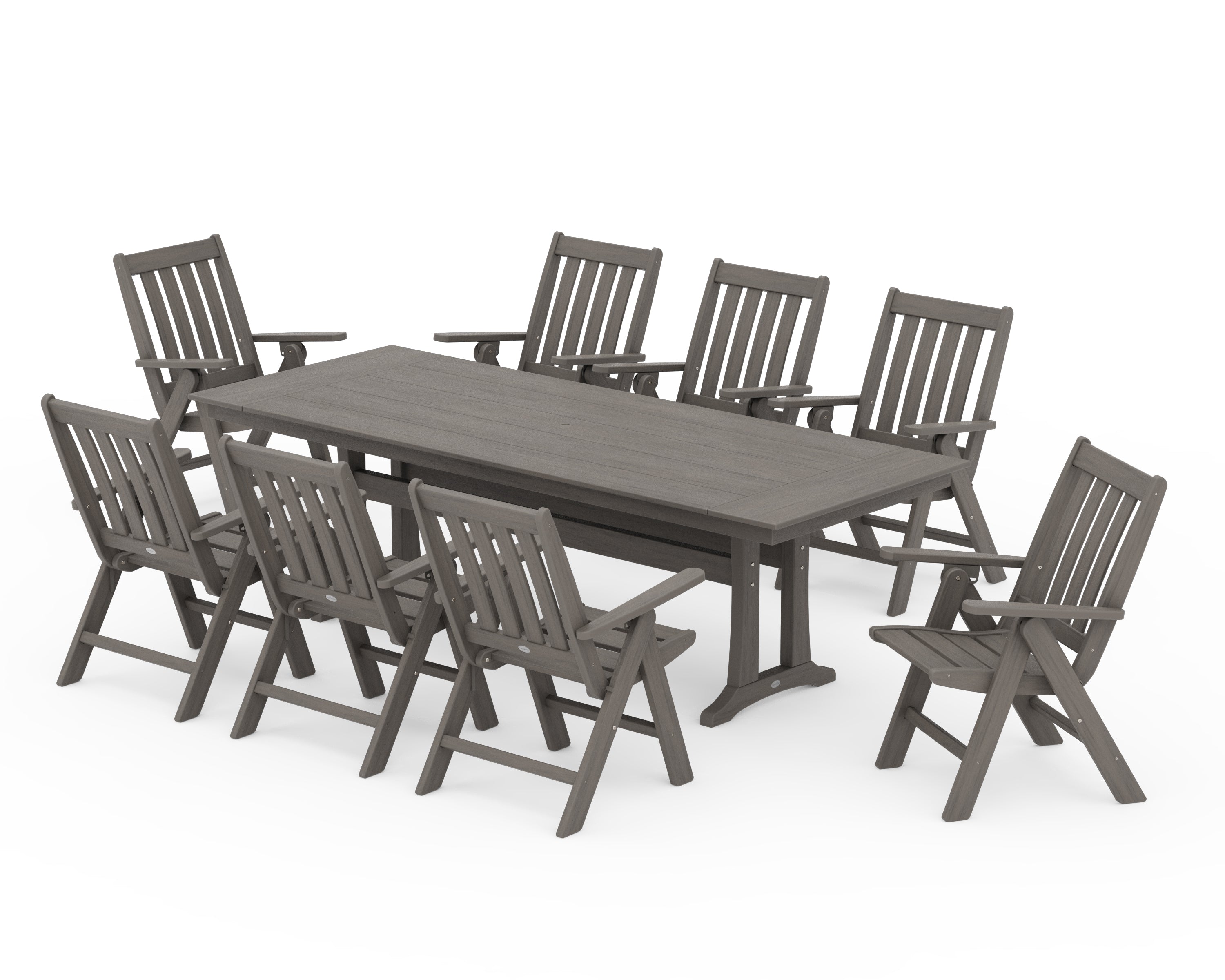POLYWOOD Vineyard Folding 9-Piece Farmhouse Dining Set with Trestle Legs in Driftwood