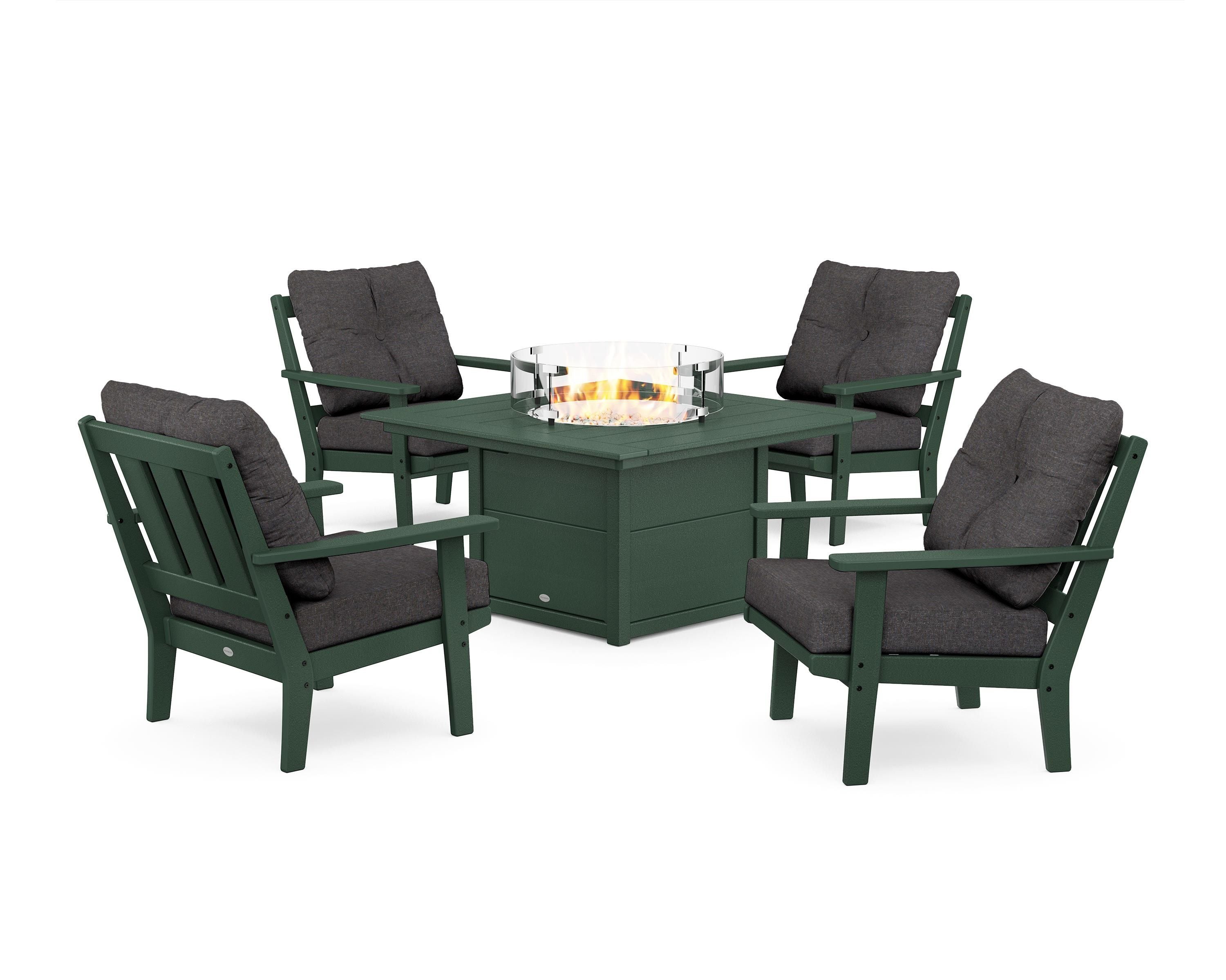 POLYWOOD Oxford 5-Piece Deep Seating Set with Fire Pit Table in Green / Ash Charcoal