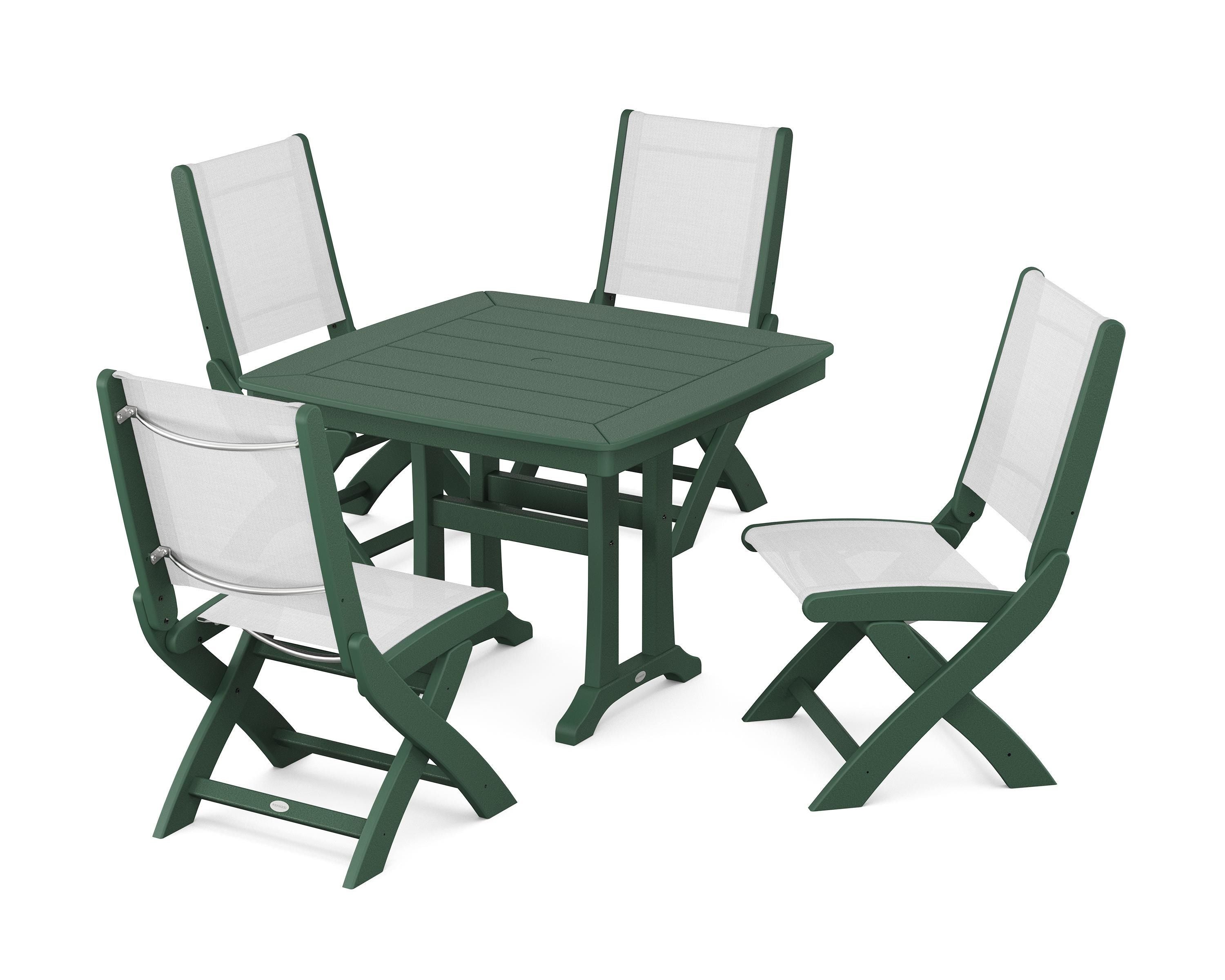 POLYWOOD Coastal Folding Side Chair 5-Piece Dining Set with Trestle Legs in Green / White Sling