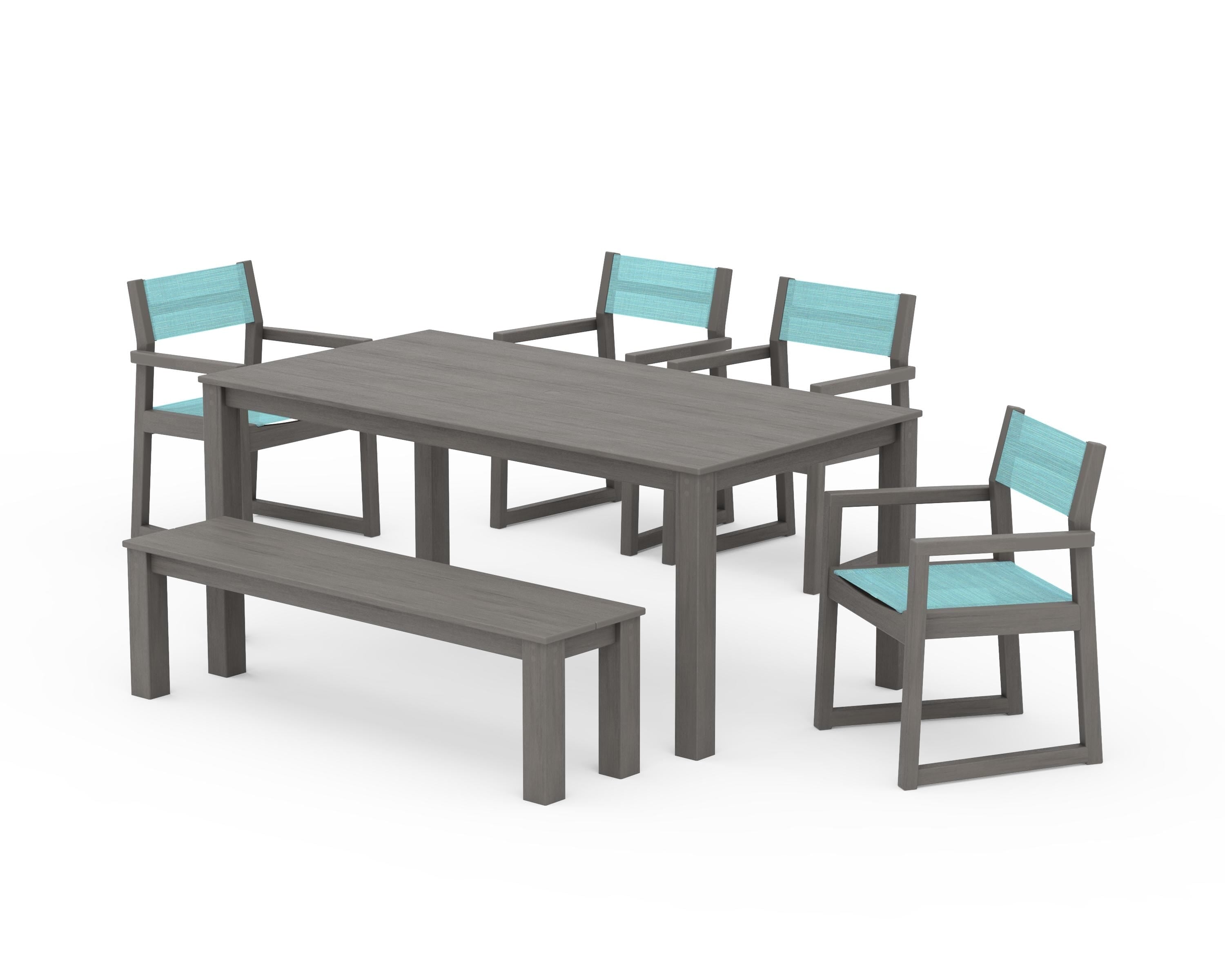 POLYWOOD EDGE Sling Arm Chair 6-Piece Parsons Dining Set with Bench in Driftwood / Dupioni Aquamarine Sling