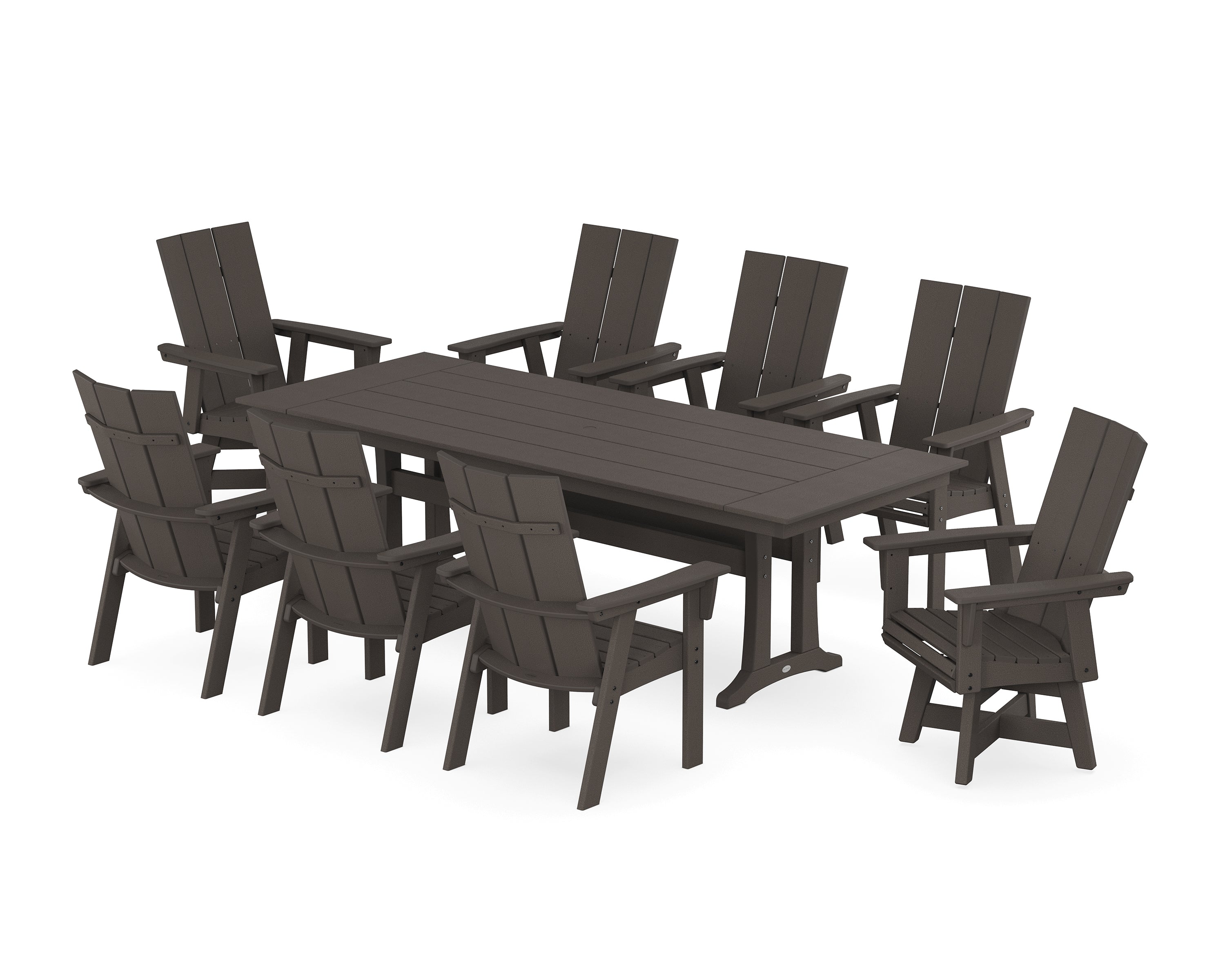 POLYWOOD® Modern Curveback Adirondack Swivel 9-Piece Farmhouse Dining Set with Trestle Legs in Vintage Coffee