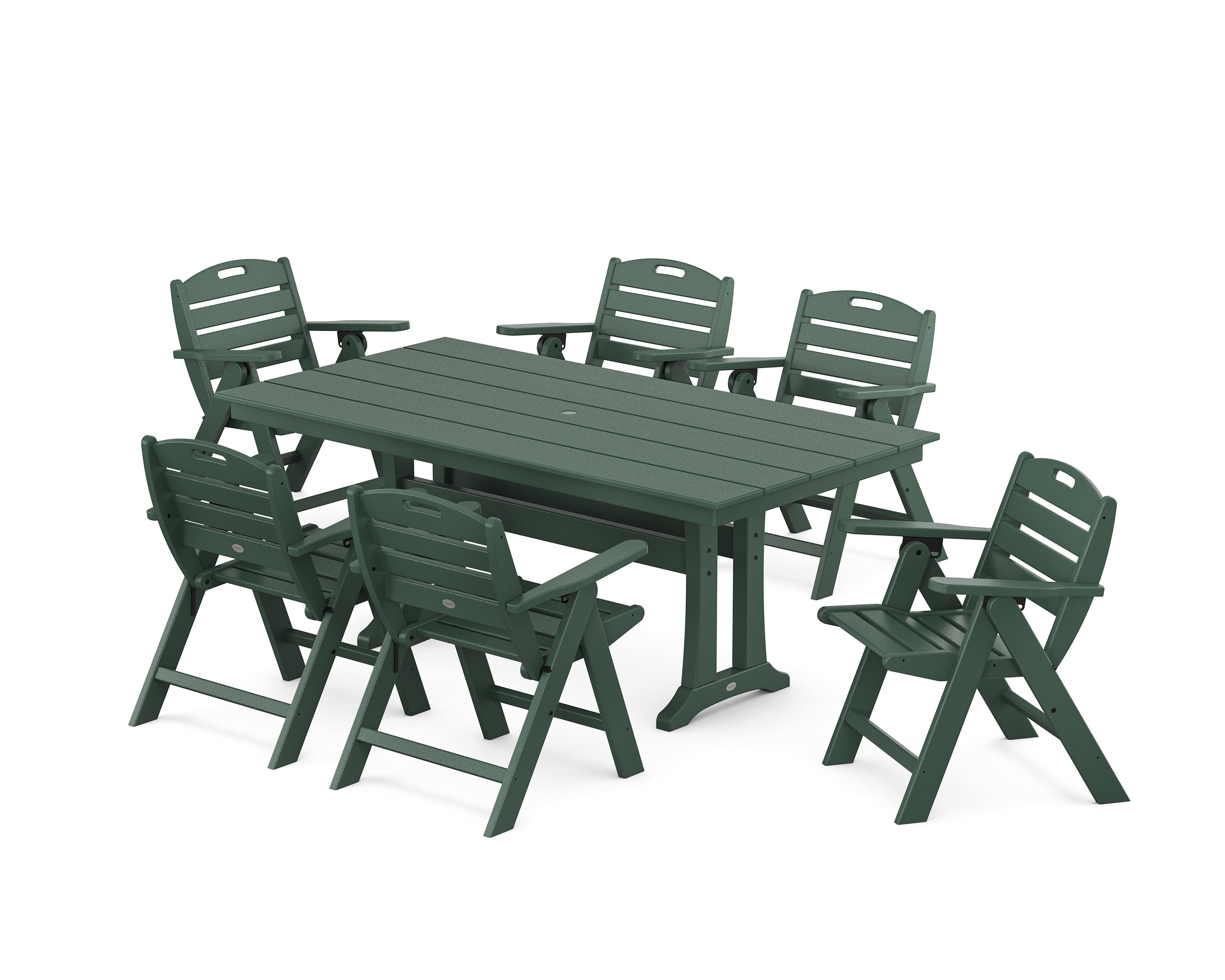 POLYWOOD Nautical Lowback 7-Piece Farmhouse Dining Set with Trestle Legs in Green