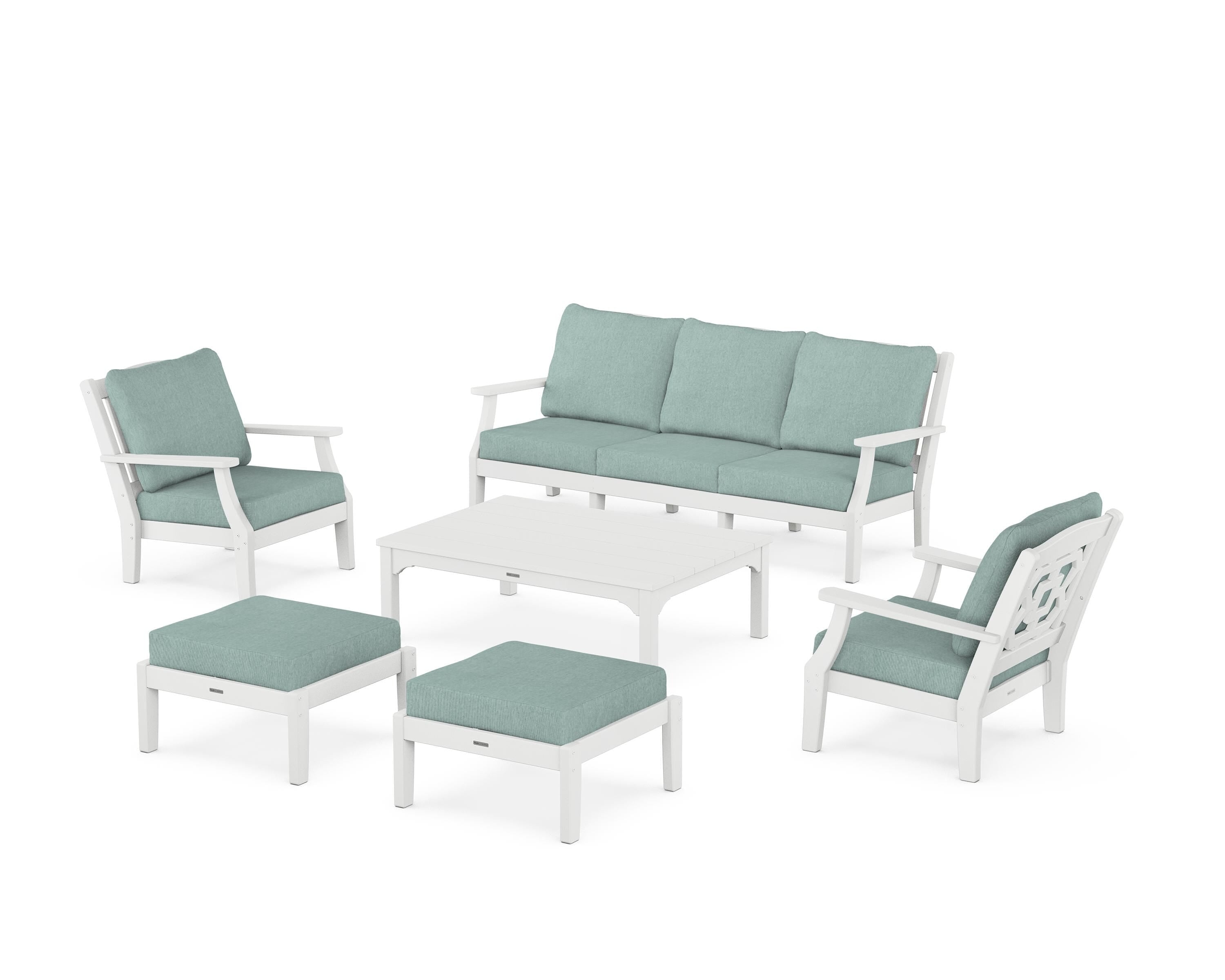 Martha Stewart by POLYWOOD Chinoiserie 6-Piece Lounge Sofa Set in White / Glacier Spa