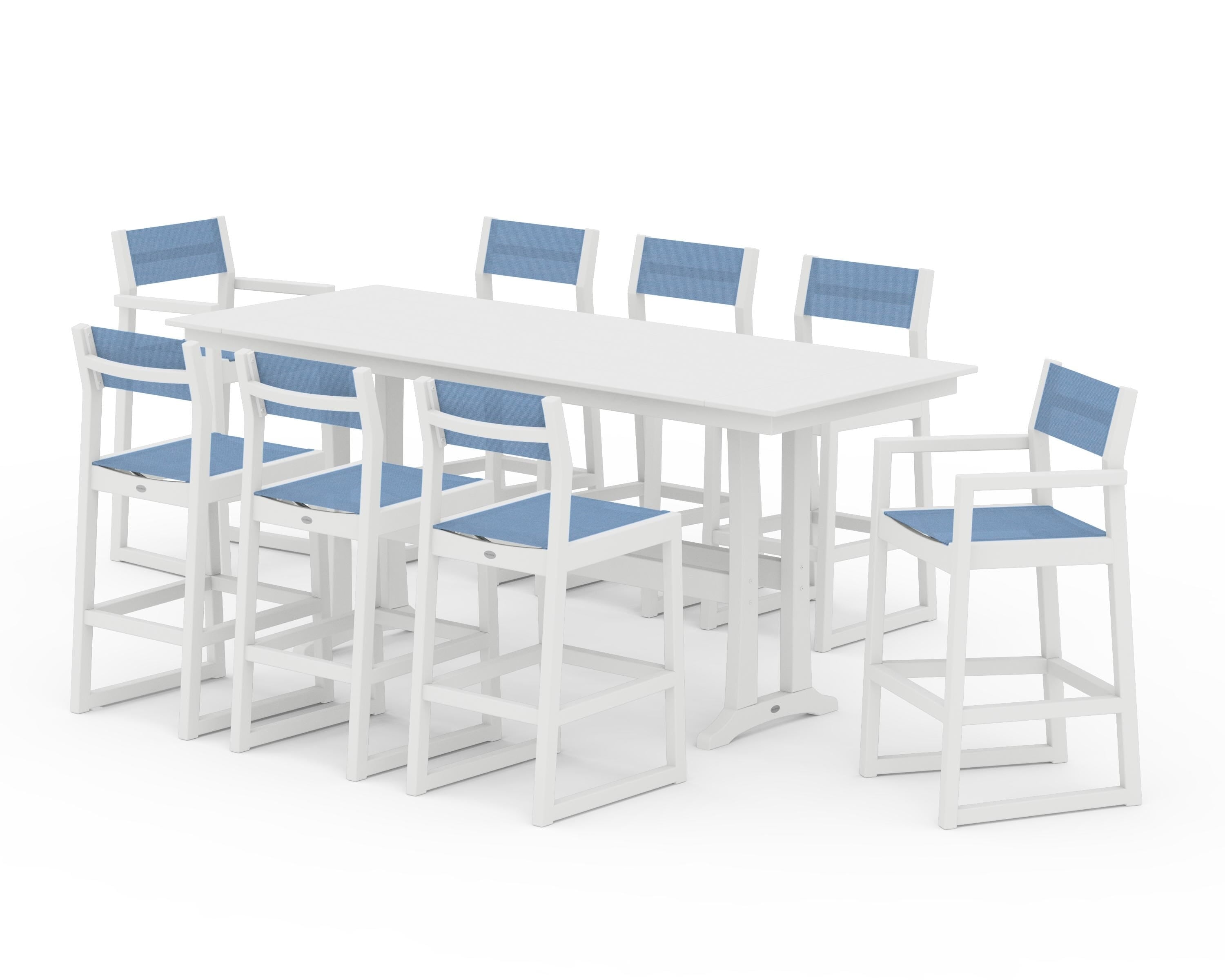 POLYWOOD EDGE Sling 9-Piece Farmhouse Bar Set with Trestle Legs in White / Poolside Sling