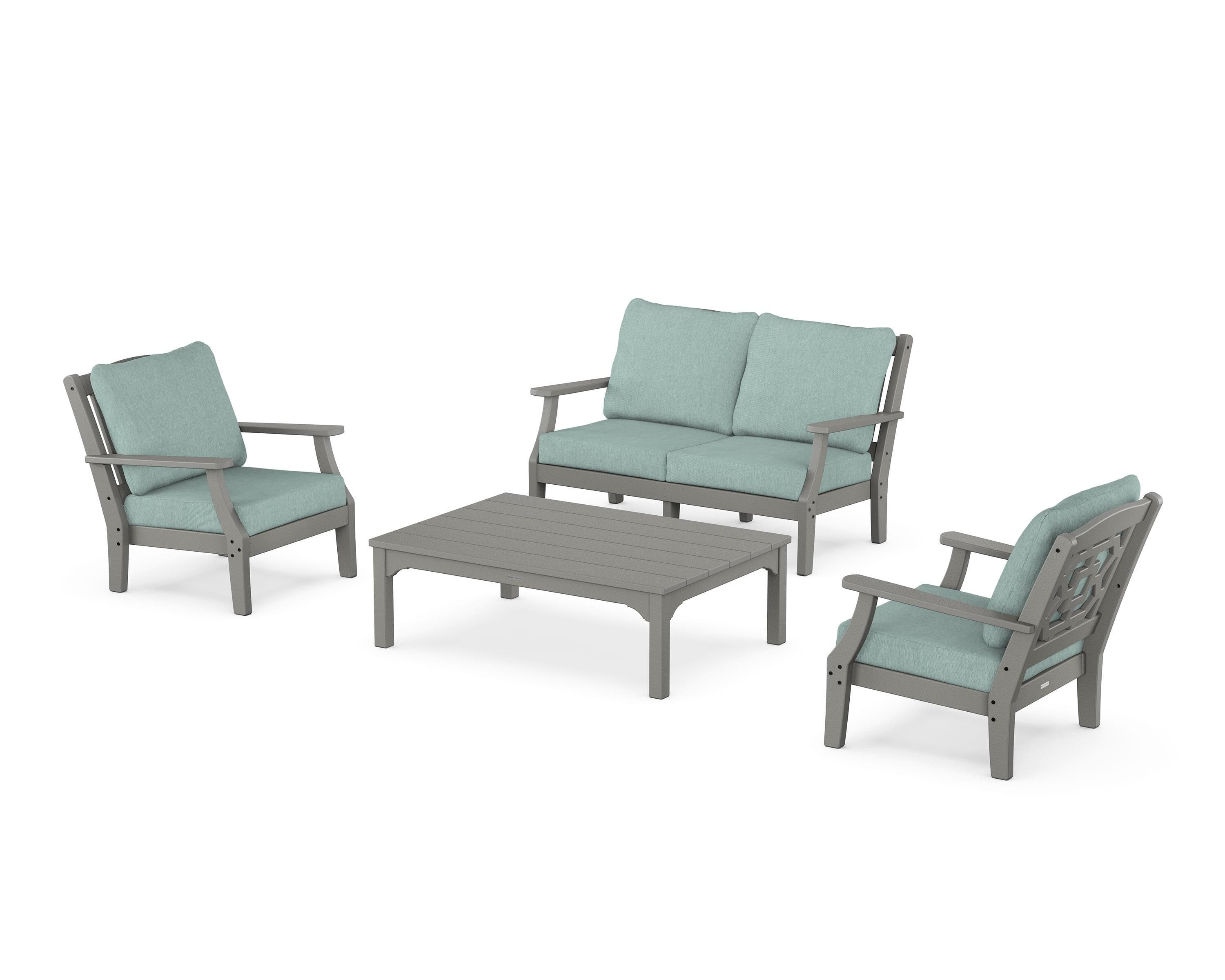 Martha Stewart by POLYWOOD Chinoiserie 4-Piece Deep Seating Set with Loveseat in Slate Grey / Glacier Spa