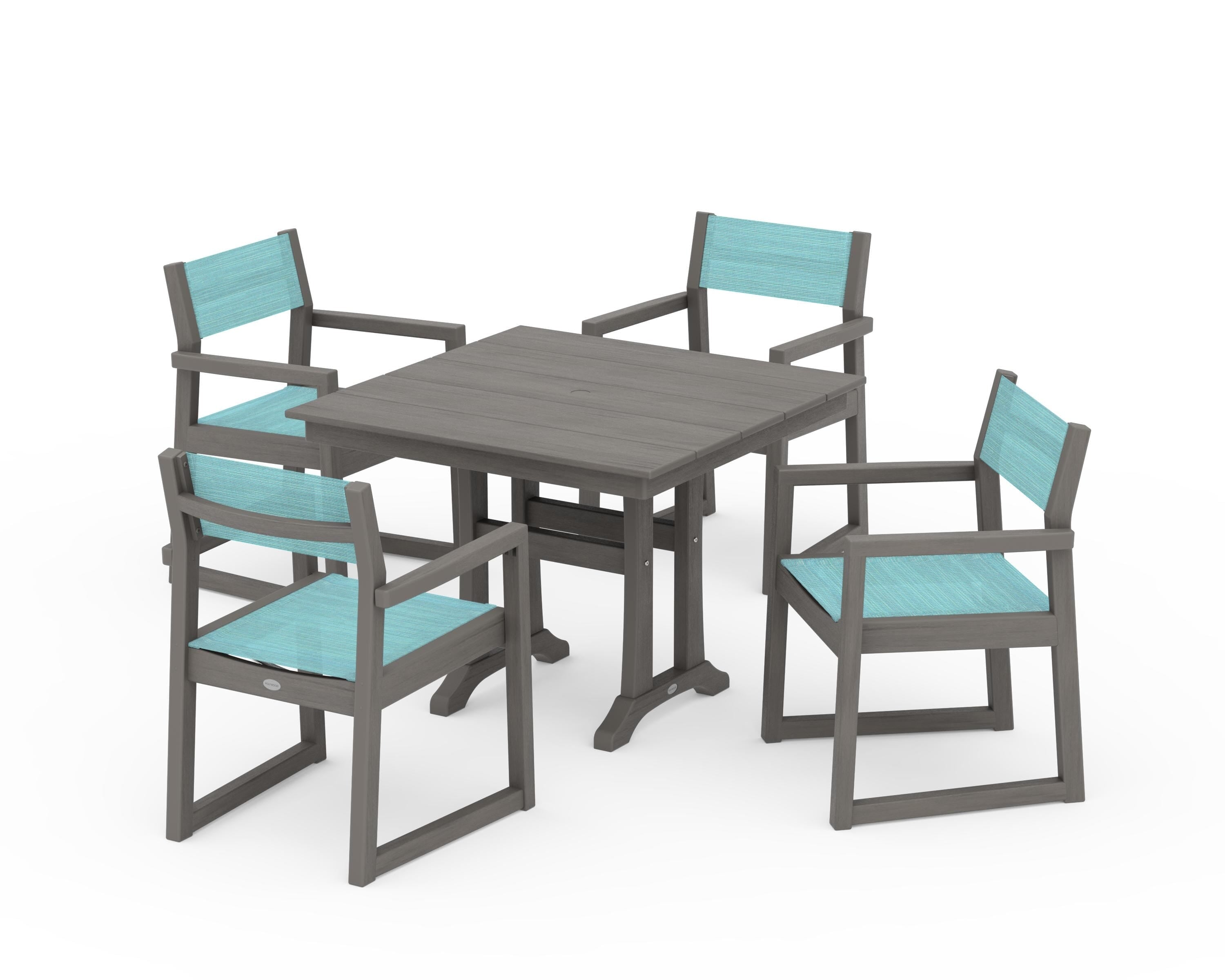 POLYWOOD EDGE Sling 5-Piece Farmhouse Dining Set with Trestle Legs in Driftwood / Dupioni Aquamarine Sling